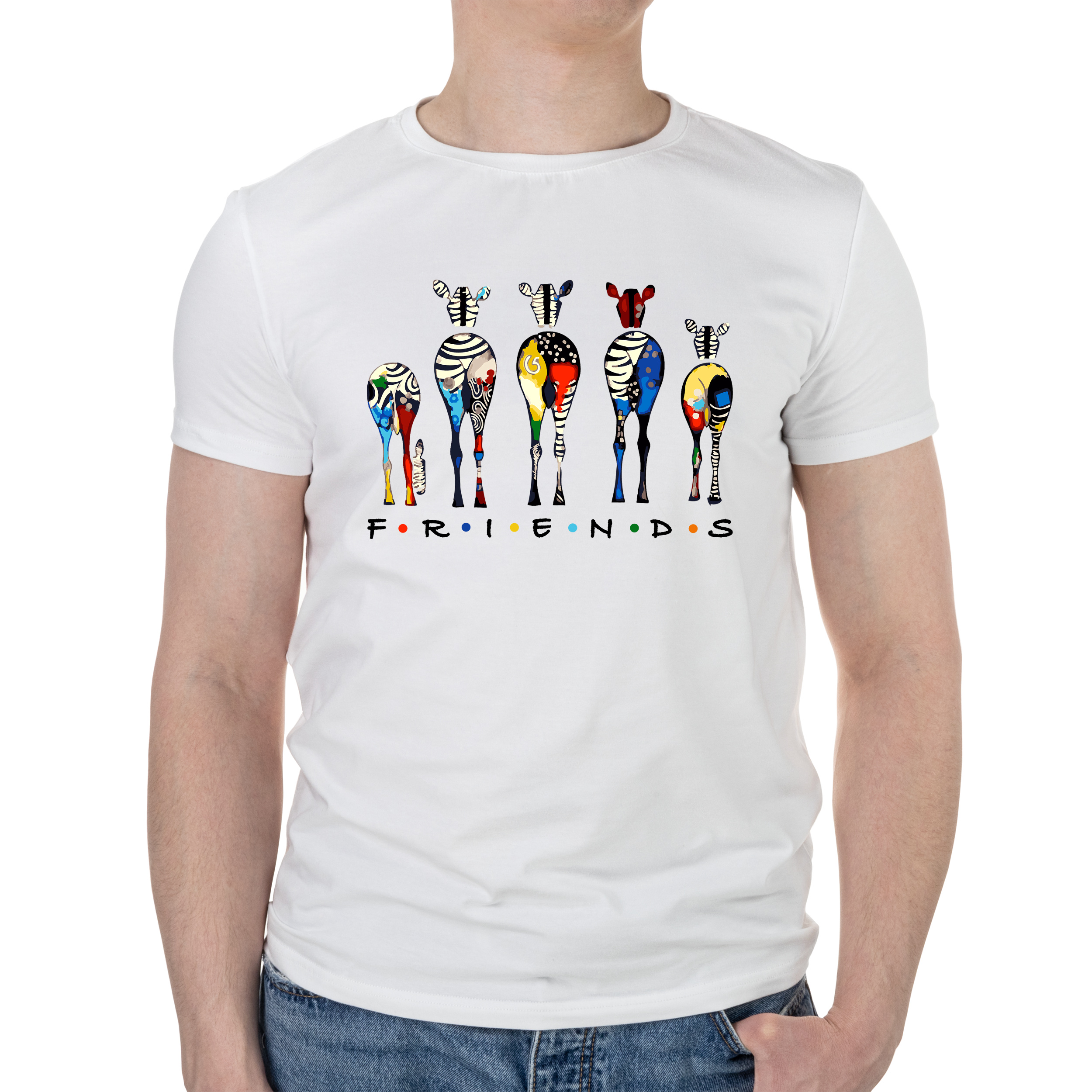 Футболка чоловіча біла бавовна/еластан А4 розміру Friends giraffes XS - фото 1 - Футболки