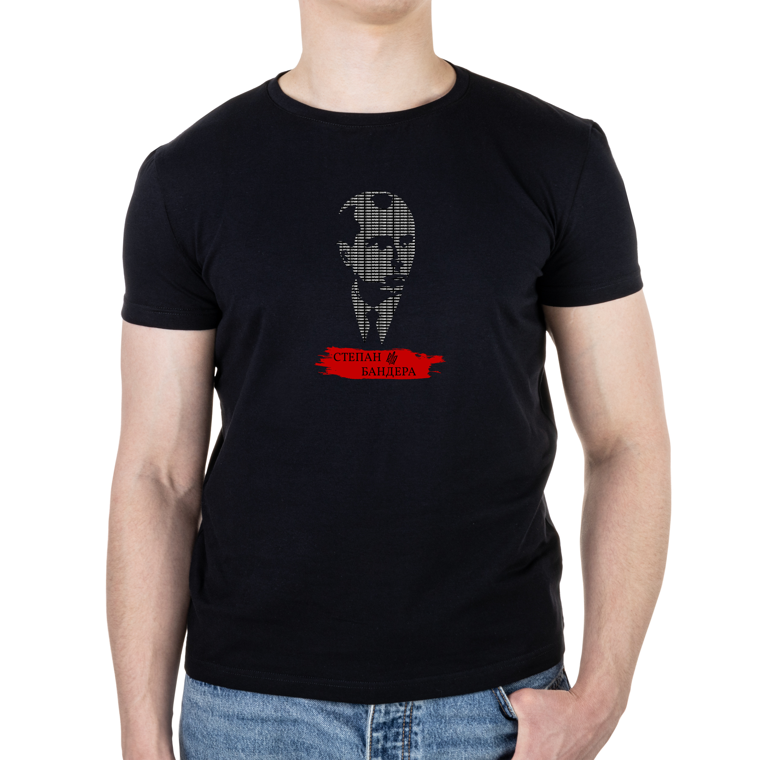 Футболка мужская черная хлопок/эластан А4 размера Степан Бандера S - фото 1 - Футболки