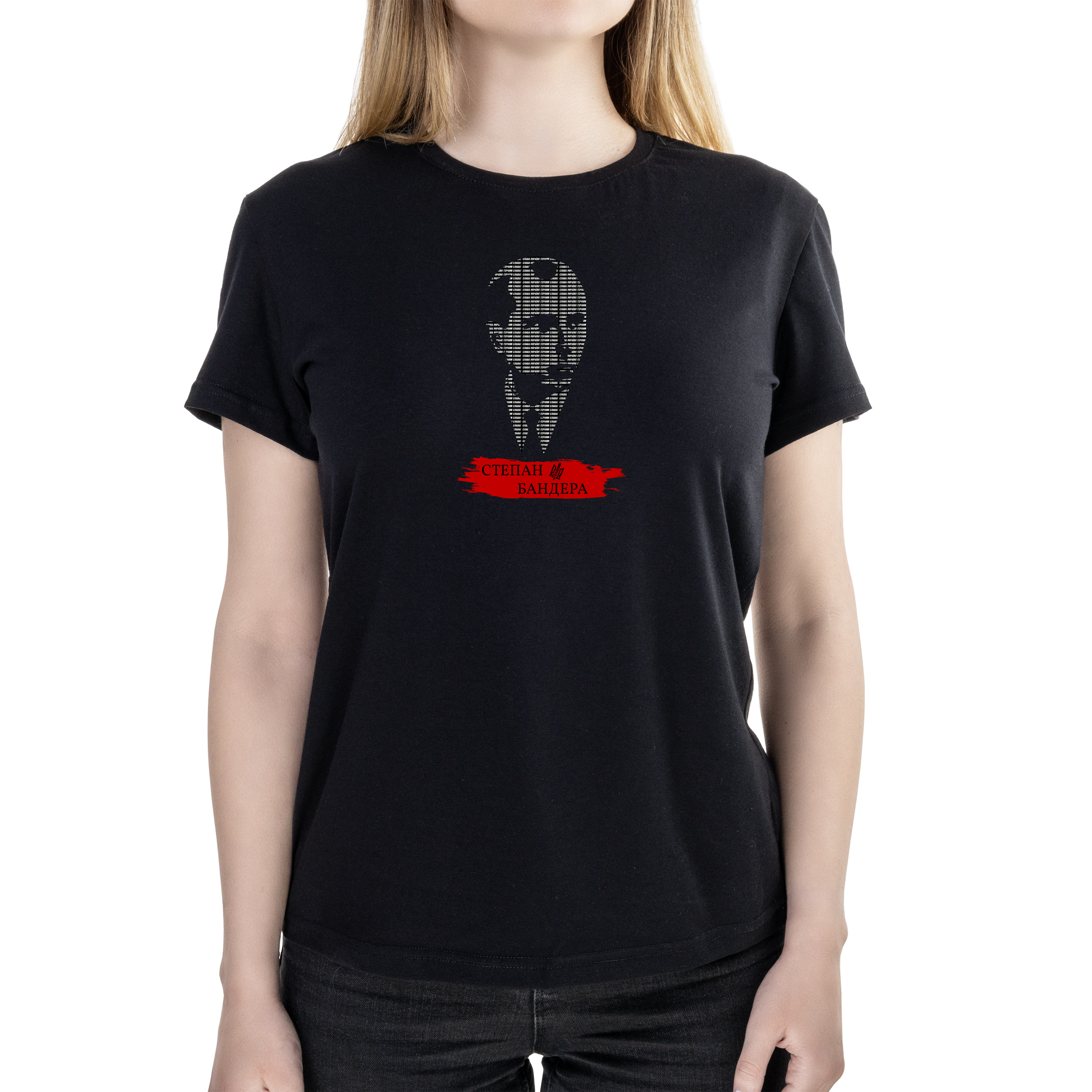 Футболка женская полуприталённая черная хлопок/эластан А4 размера Степан Бандера XXL - фото 1 - Футболки