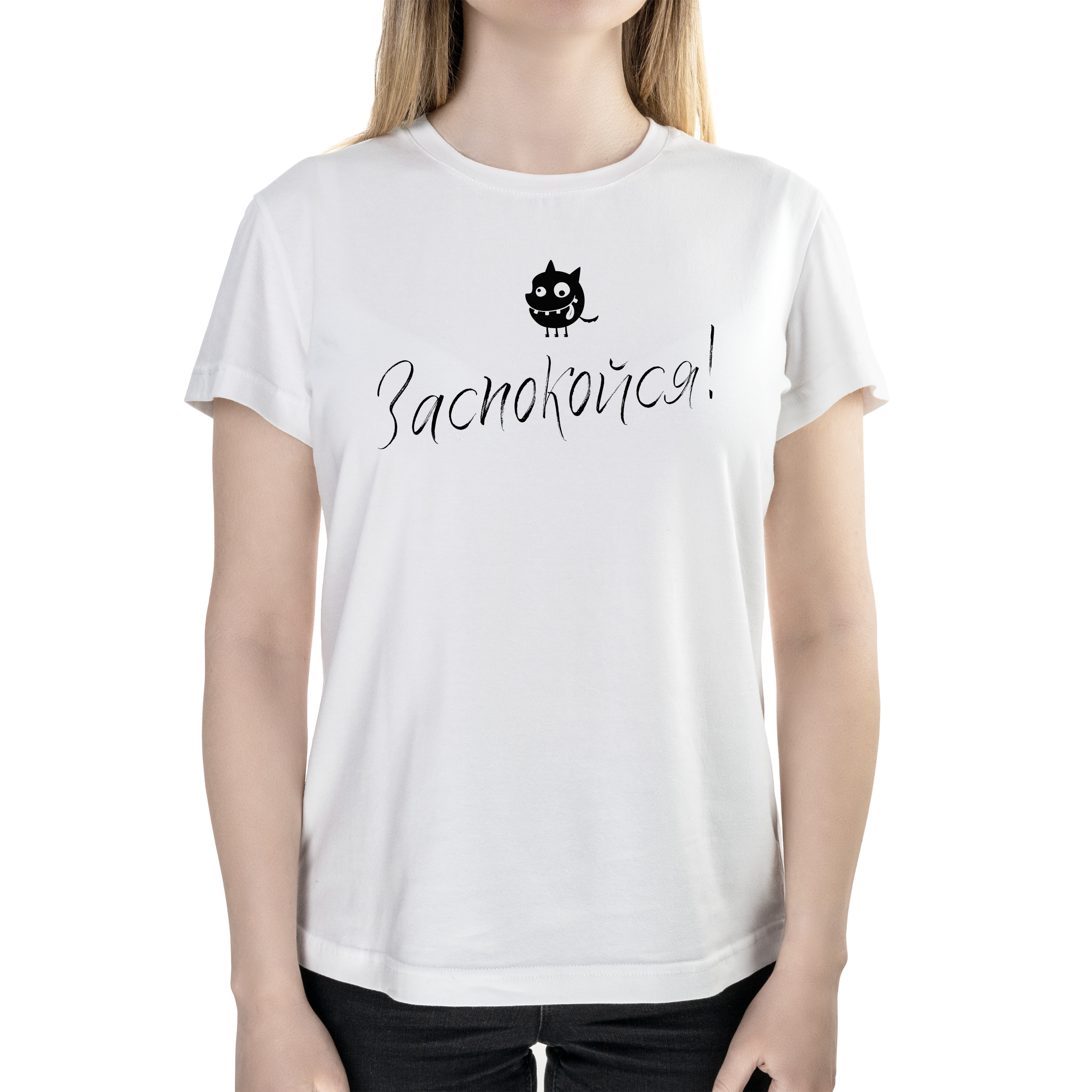 Футболка женская полуприталённая белая хлопок/эластан А4 размера Заспокойся XS - фото 1 - Футболки