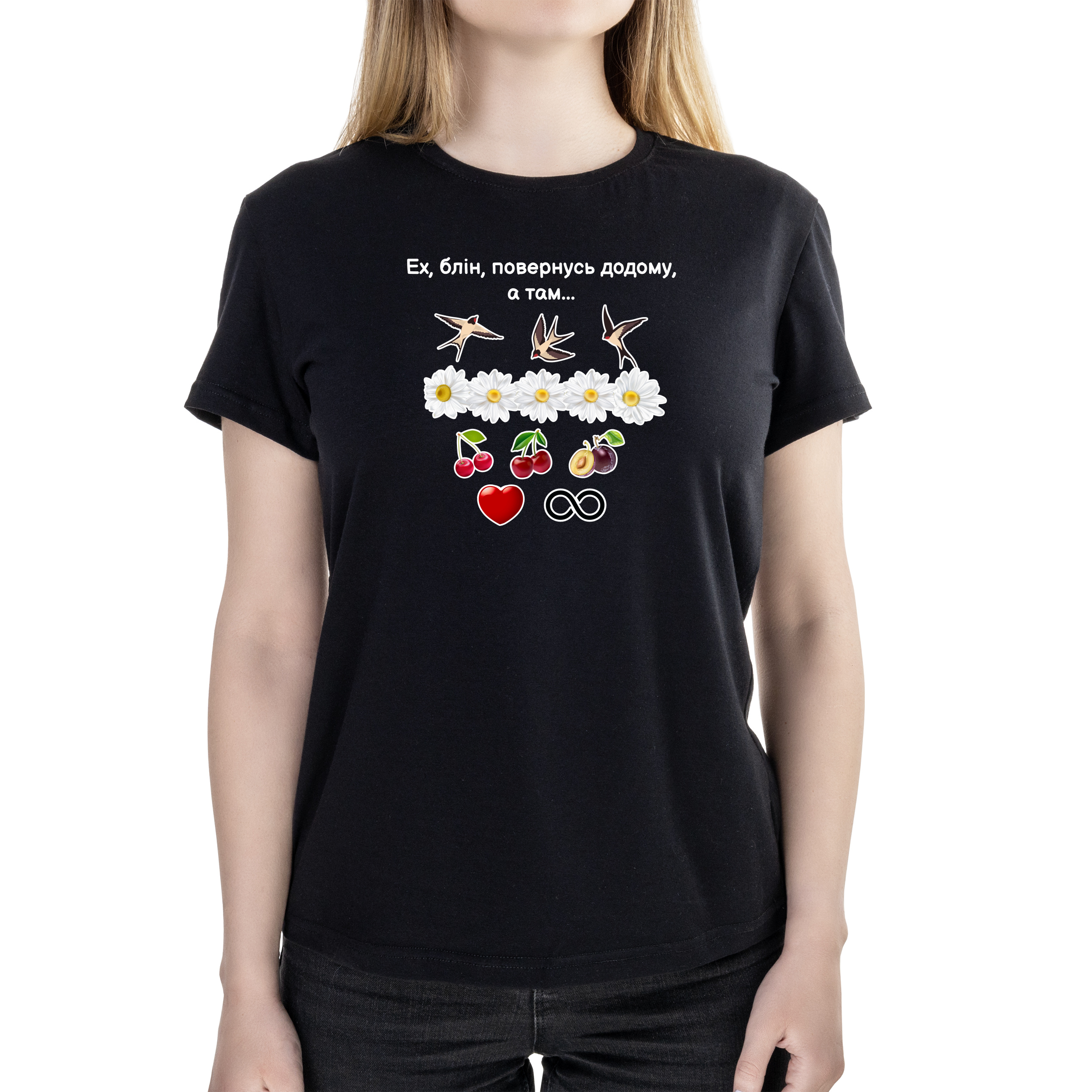 Футболка жіноча напівприталена чорна бавовна / еластан А4 розміру Ластівки, ластівки, ластівки L - фото 1 - Футболки