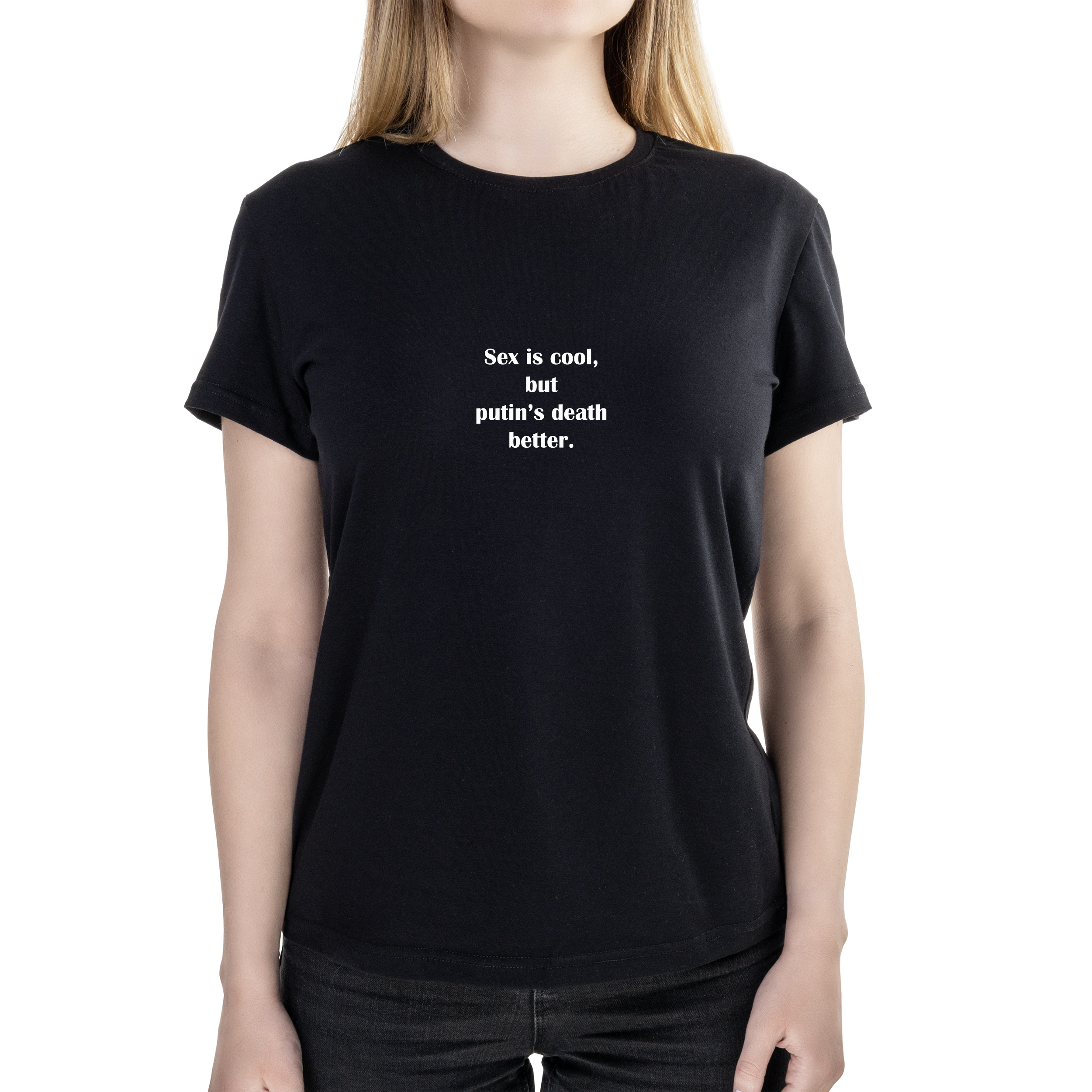 Футболка женская полуприталённая черная хлопок/эластан А4 размера Sex is cool, but... XXXL - фото 1 - Футболки