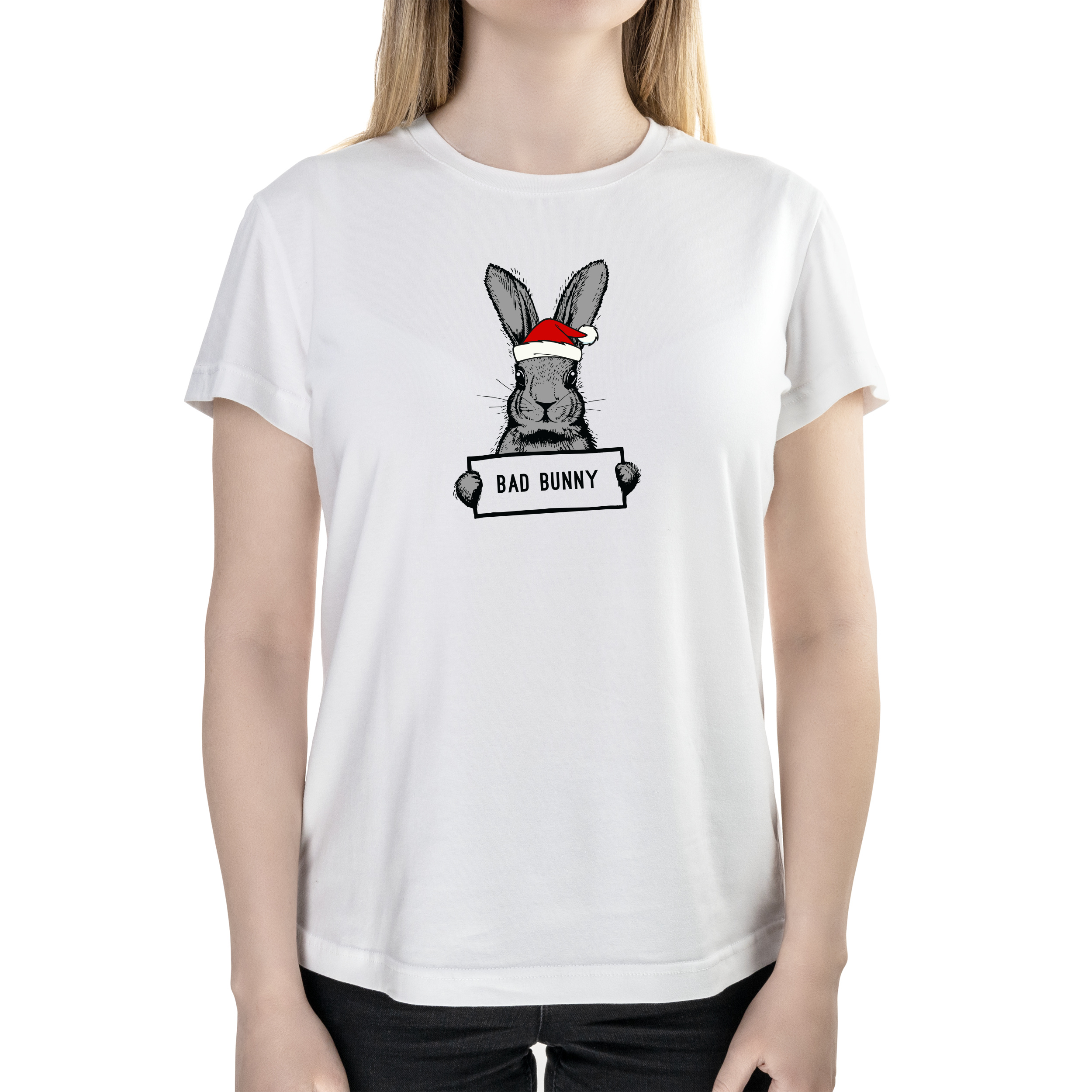 Футболка жіноча напівприталена біла бавовна/еластан А4 розміру Bad bunny XXXL - фото 1 - Футболки