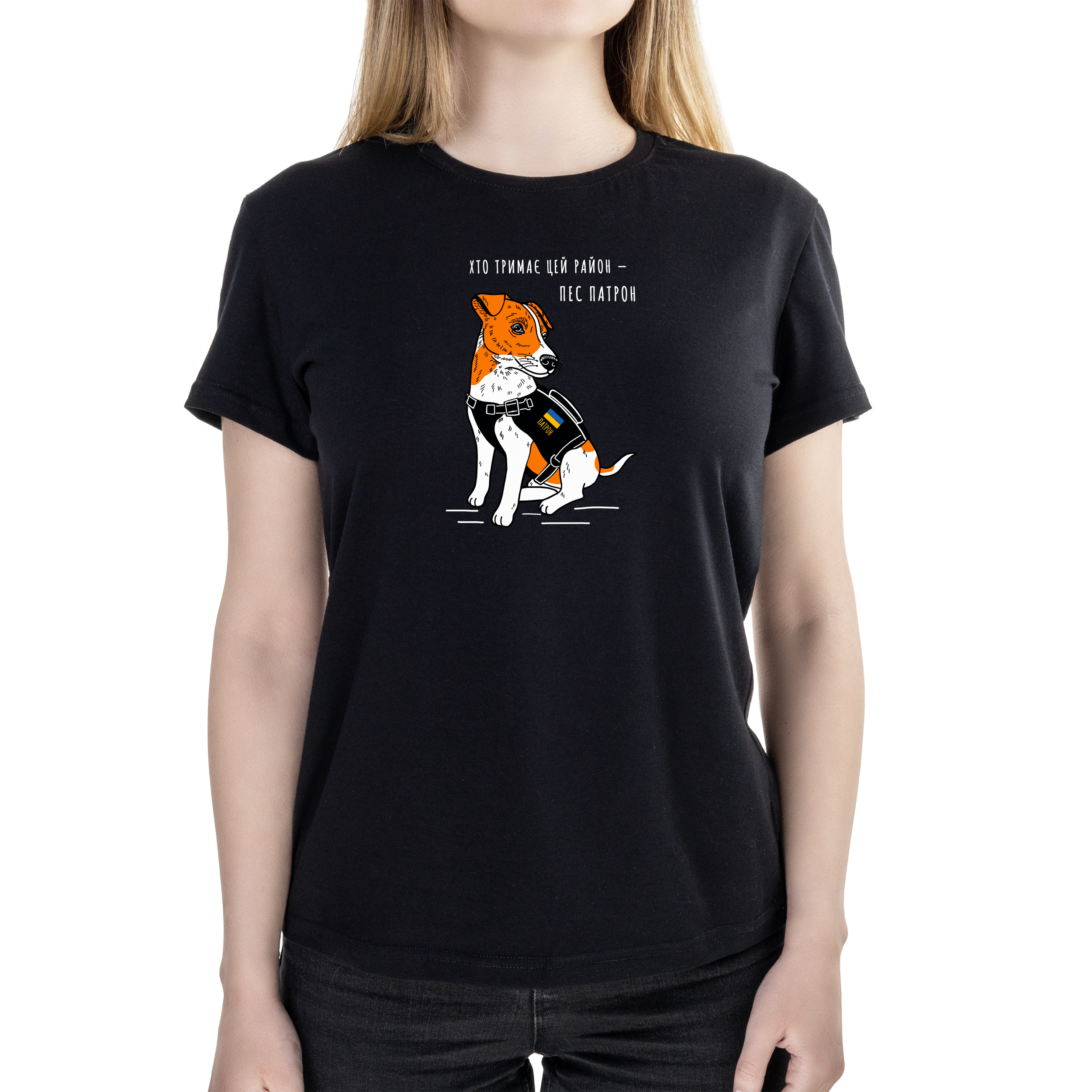 Футболка женская полуприталённая черная хлопок/эластан А4 размера Пес Патрон S - фото 1 - Футболки