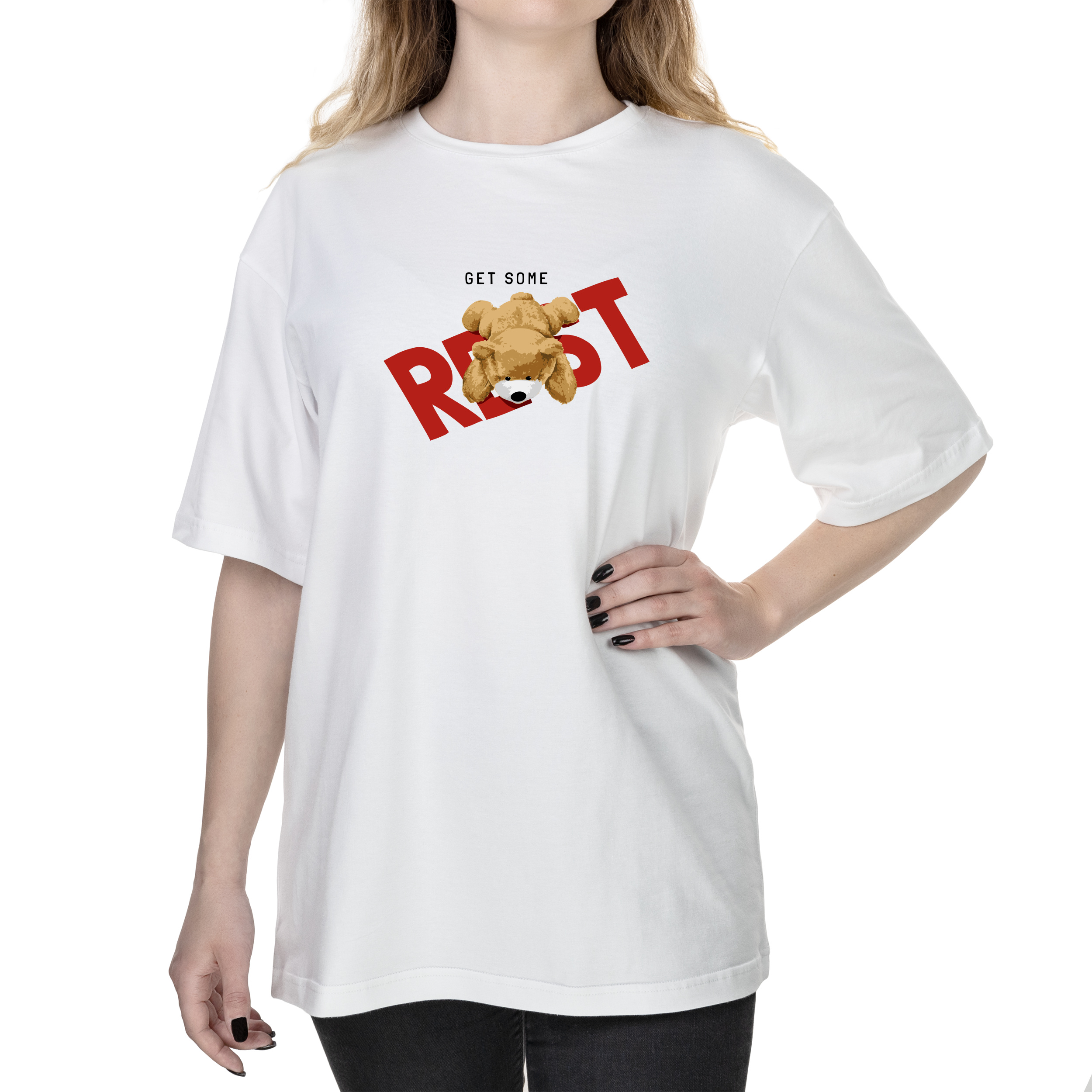 Футболка жіноча оверсайз біла бавовна/еластан А4 розміру Get some rest XL - фото 1 - Футболки
