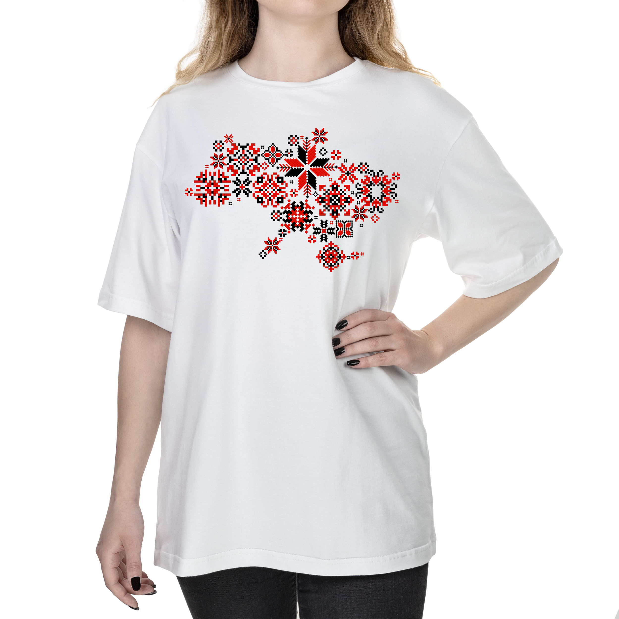 Футболка женская оверсайз белая хлопок/эластан А4 размера Карта України — вишивана XXL - фото 1 - Футболки