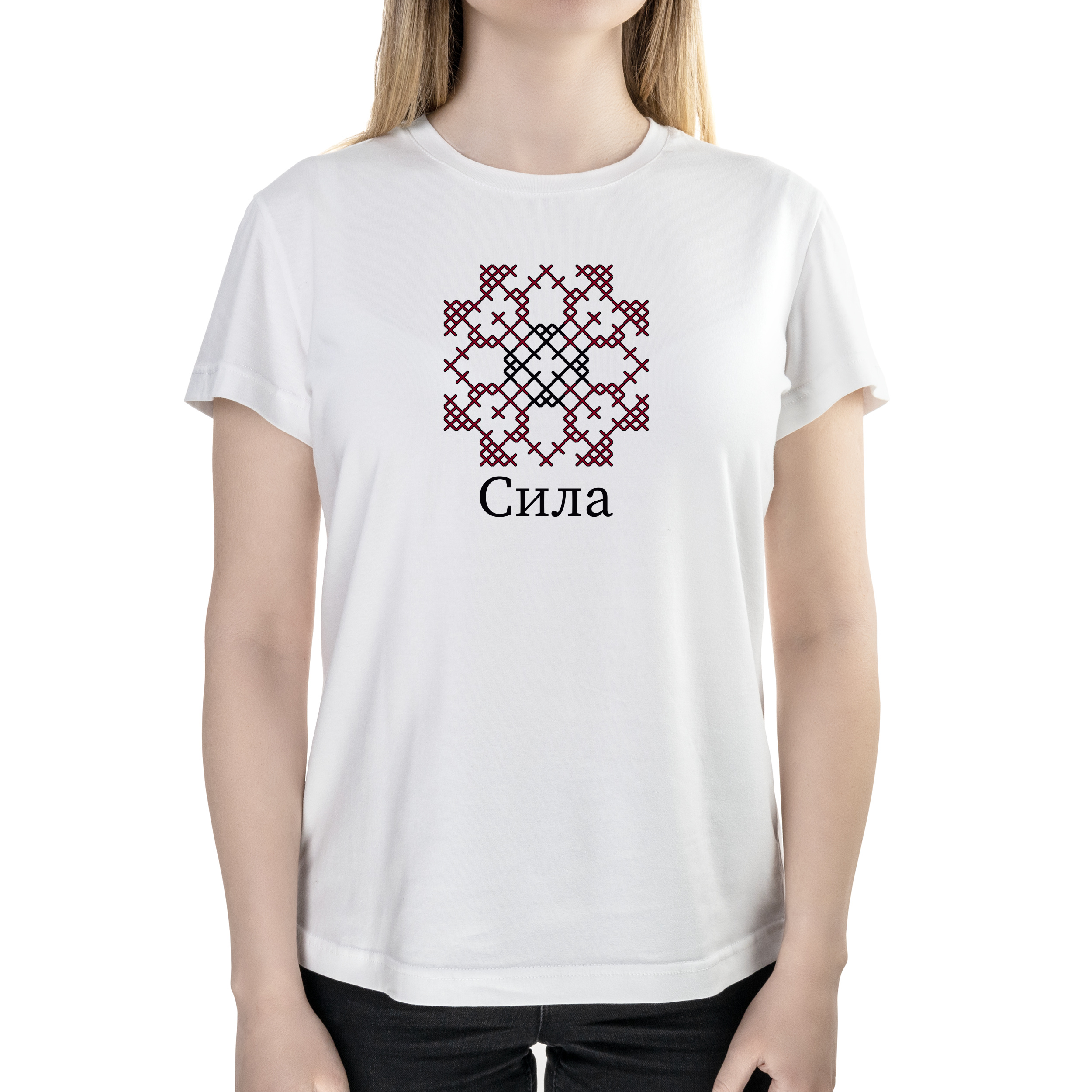 Футболка женская полуприталённая белая хлопок/эластан А4 размера Сила-вишиванки XL - фото 1 - Футболки