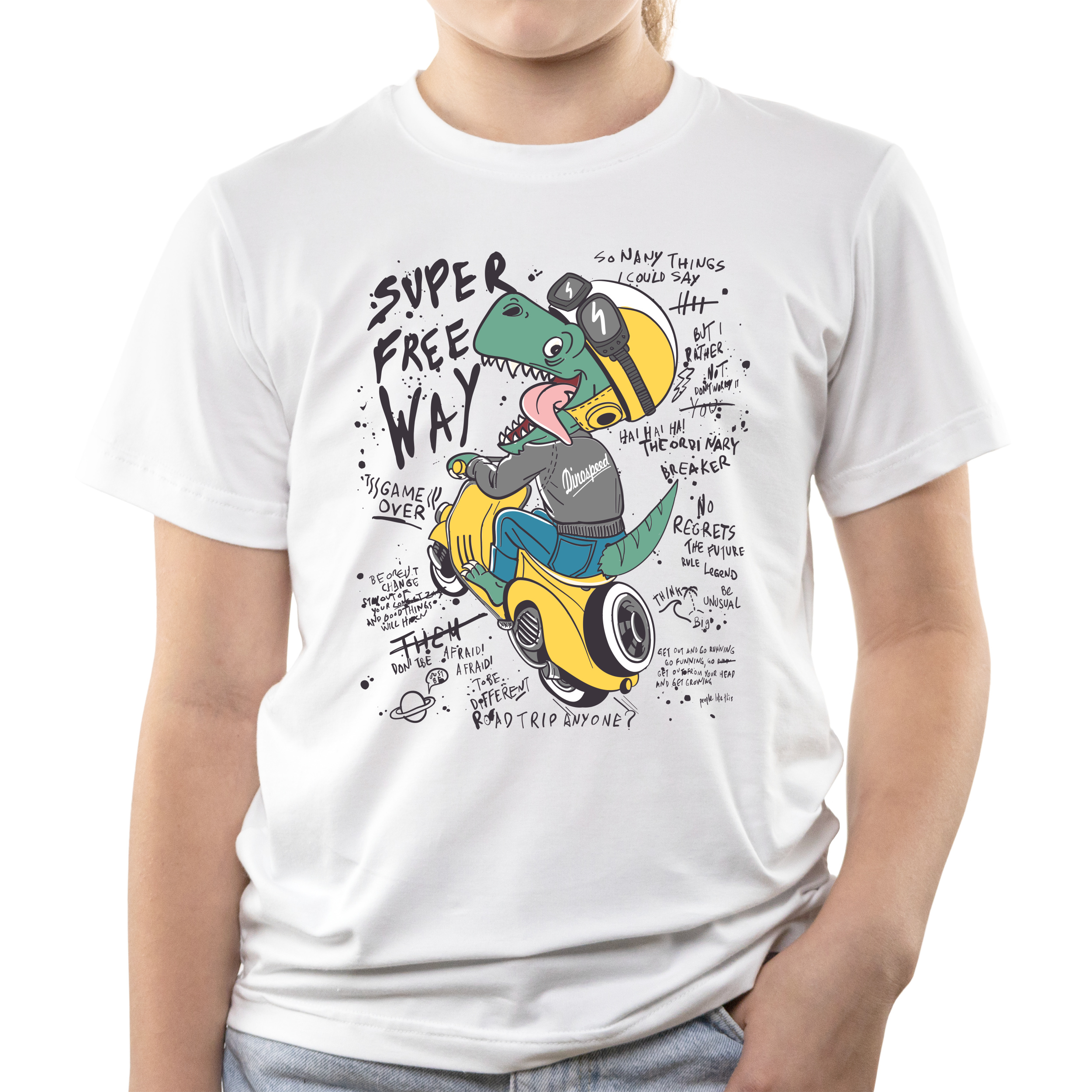 Футболка детская белая хлопок/эластан Dinosaur on a motorcycle black text 134 - фото 1 Футболка детская белая хлопок/эластан Dinosaur on a motorcycle black text 134 - фото 1 - Футболки