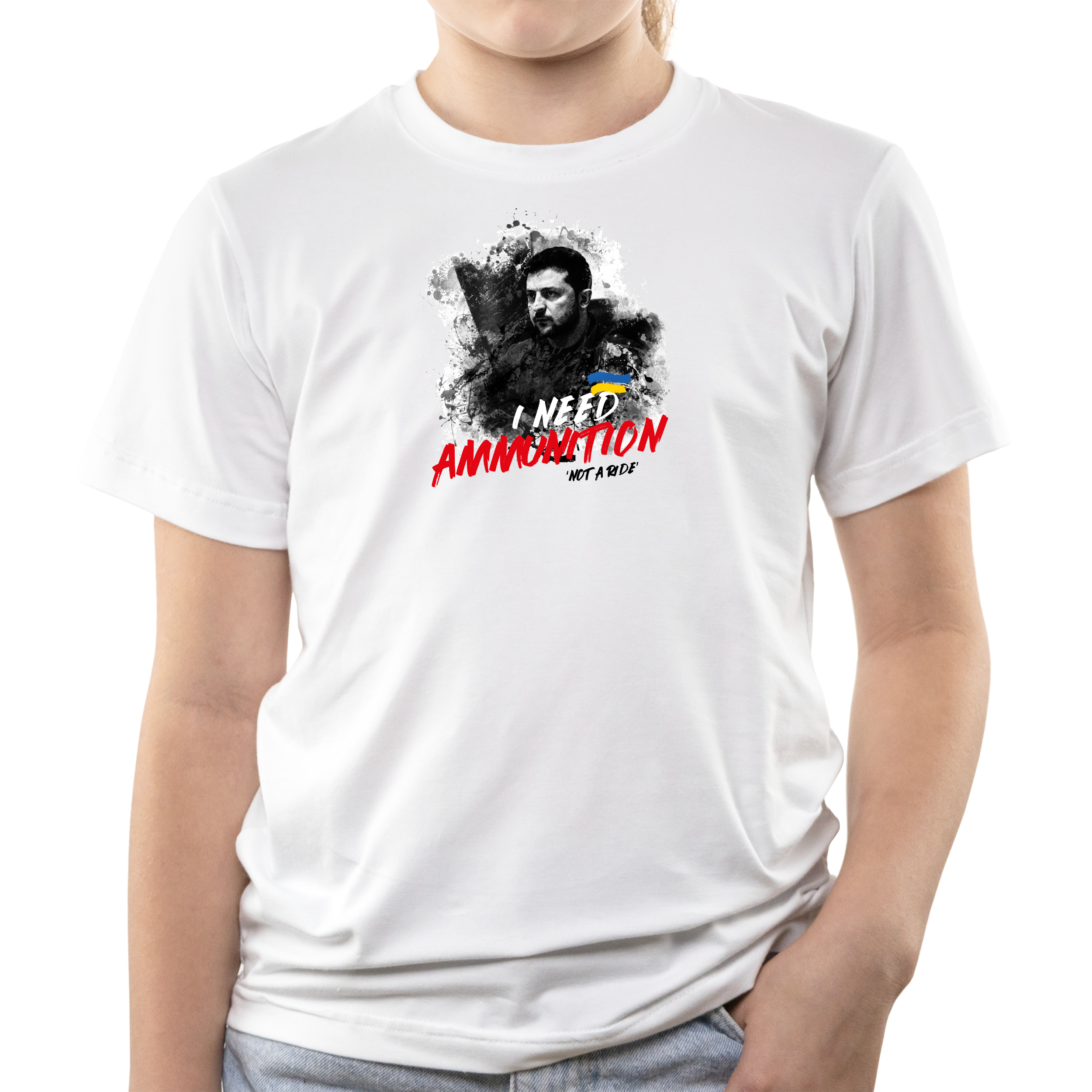 Футболка дитяча біла бавовна/еластан I need ammunition ‘not a ride’ 146 - фото 1 - Футболки