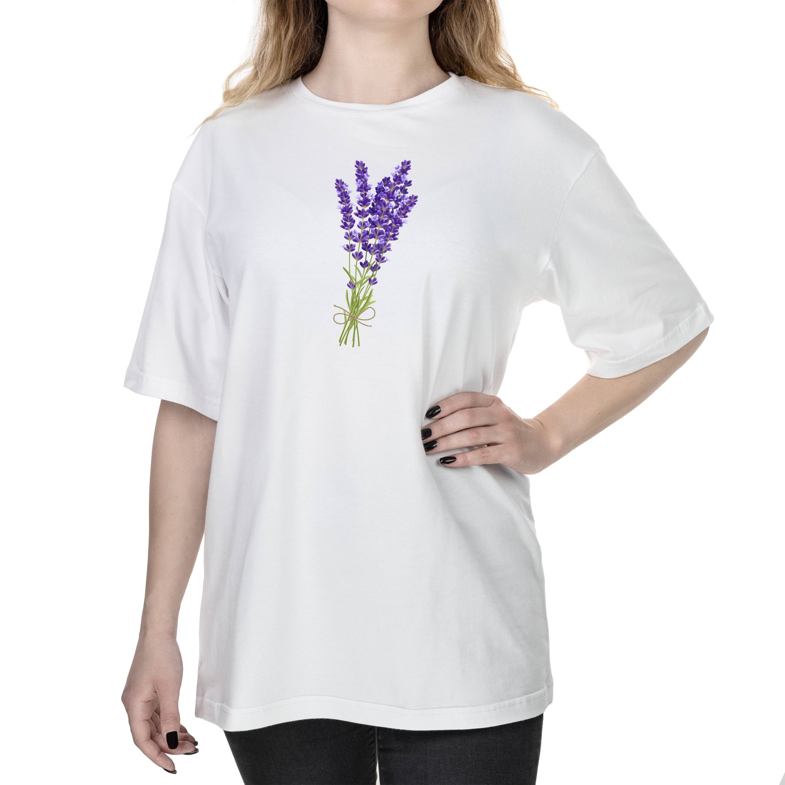 Футболка женская оверсайз белая хлопок/эластан А4 размера Lavender bouquet XL - фото 1 - Футболки