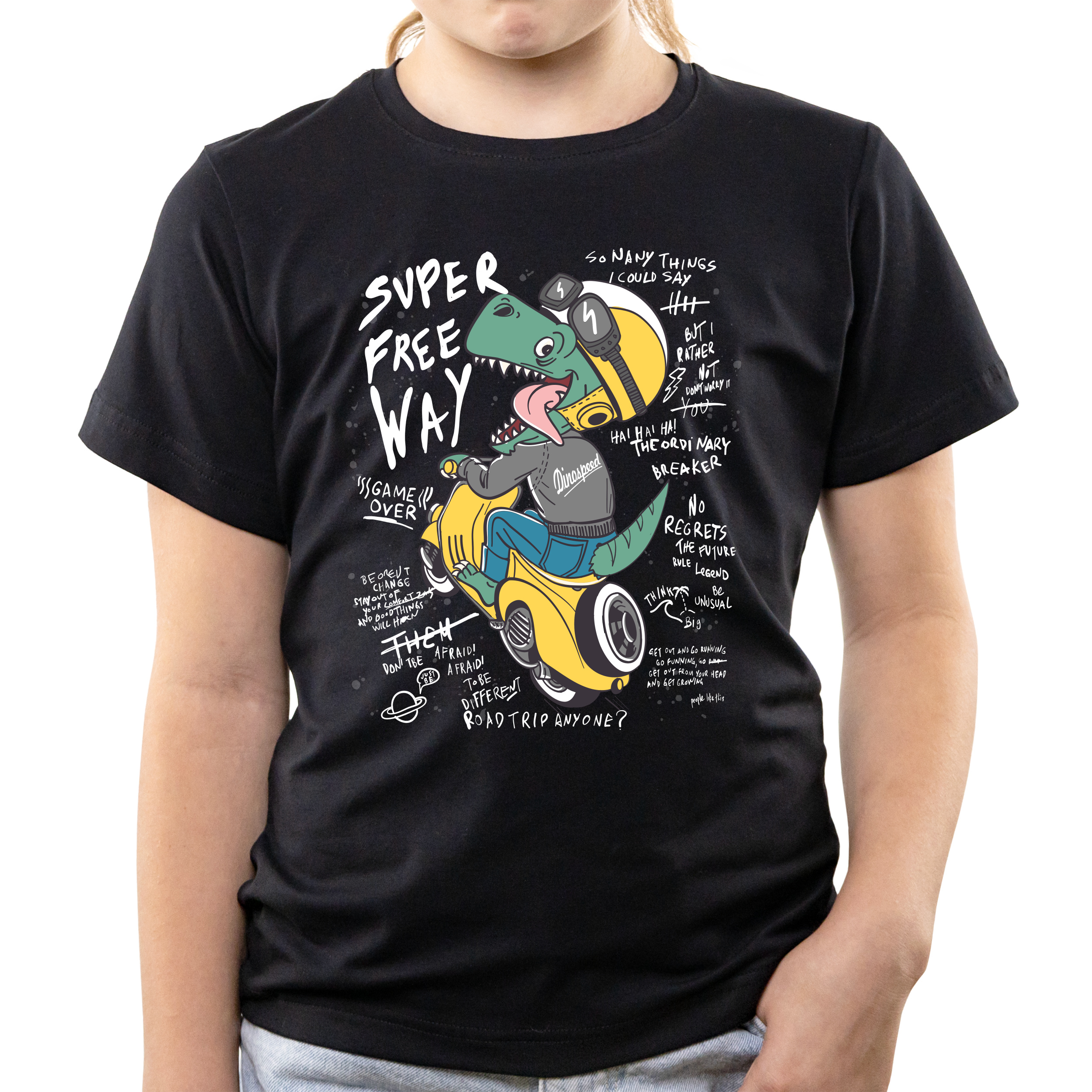 Футболка детская чёрная хлопок/эластан Dinosaur on a motorcycle white text 158 - фото 1 - Футболки