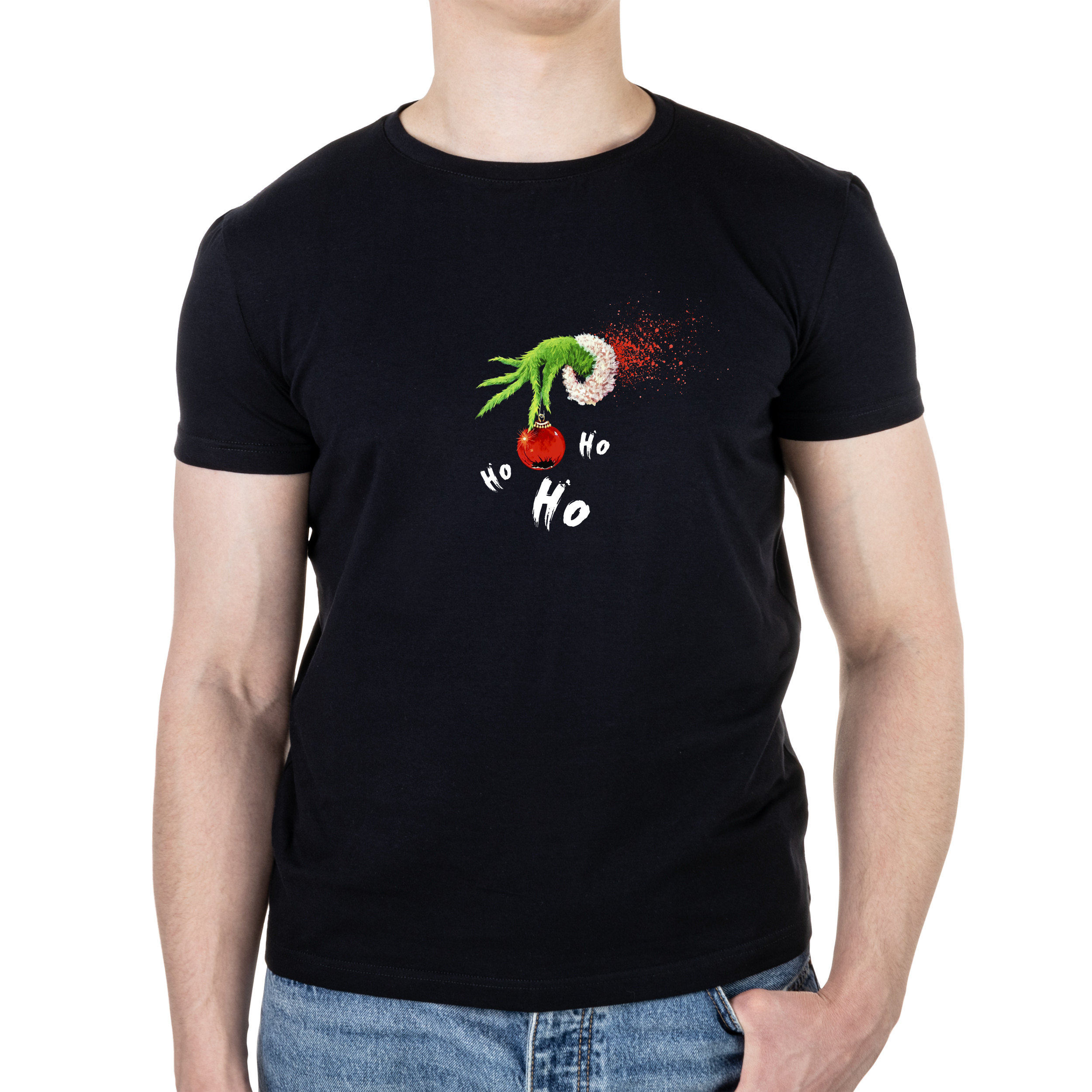 Футболка чоловіча чорна бавовна/еластан А4 розміру Grinch HO HO HO XS - фото 1 - Футболки