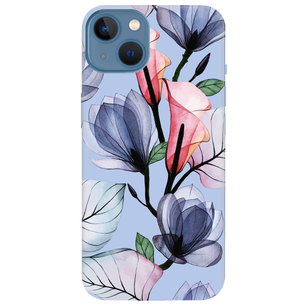 Чехол для Apple iPhone 13 нежно-голубой матовый soft touch Tropical flowers - фото 1 - Чехлы для телефонов