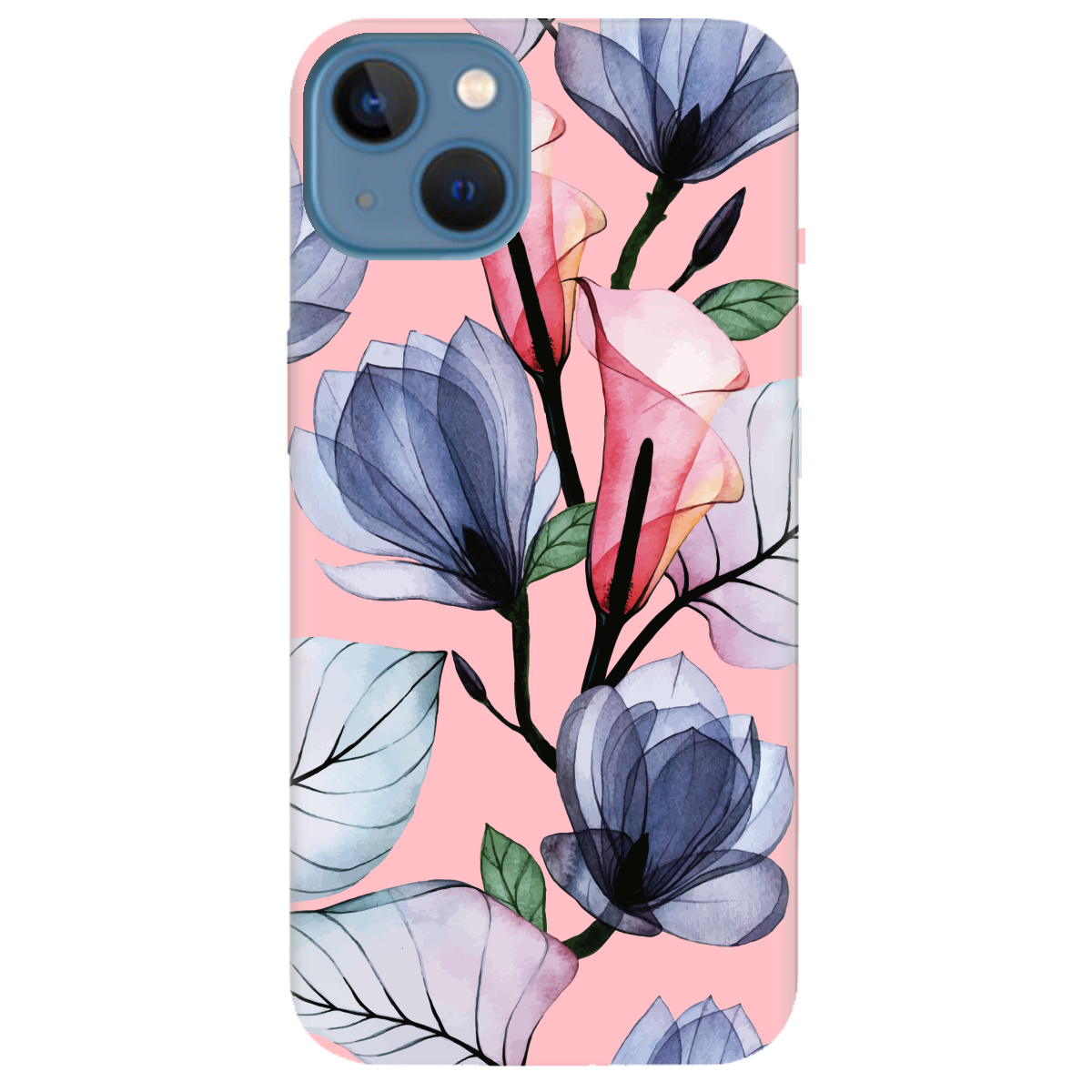 Чехол для Apple iPhone 13 нежно-розовый матовый soft touch Tropical flowers - фото 1 - Чехлы для телефонов