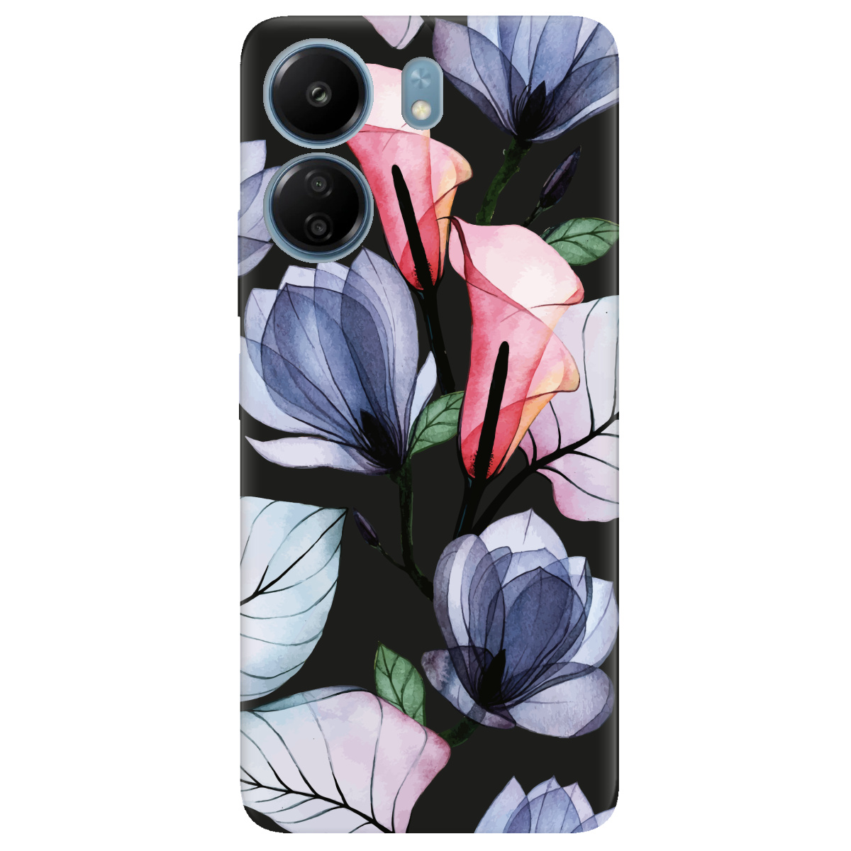 Чохол для Xiaomi Poco C65 чорний матовий soft touch з мікрофіброю Tropical flowers - фото 1 - Чохли для телефонів