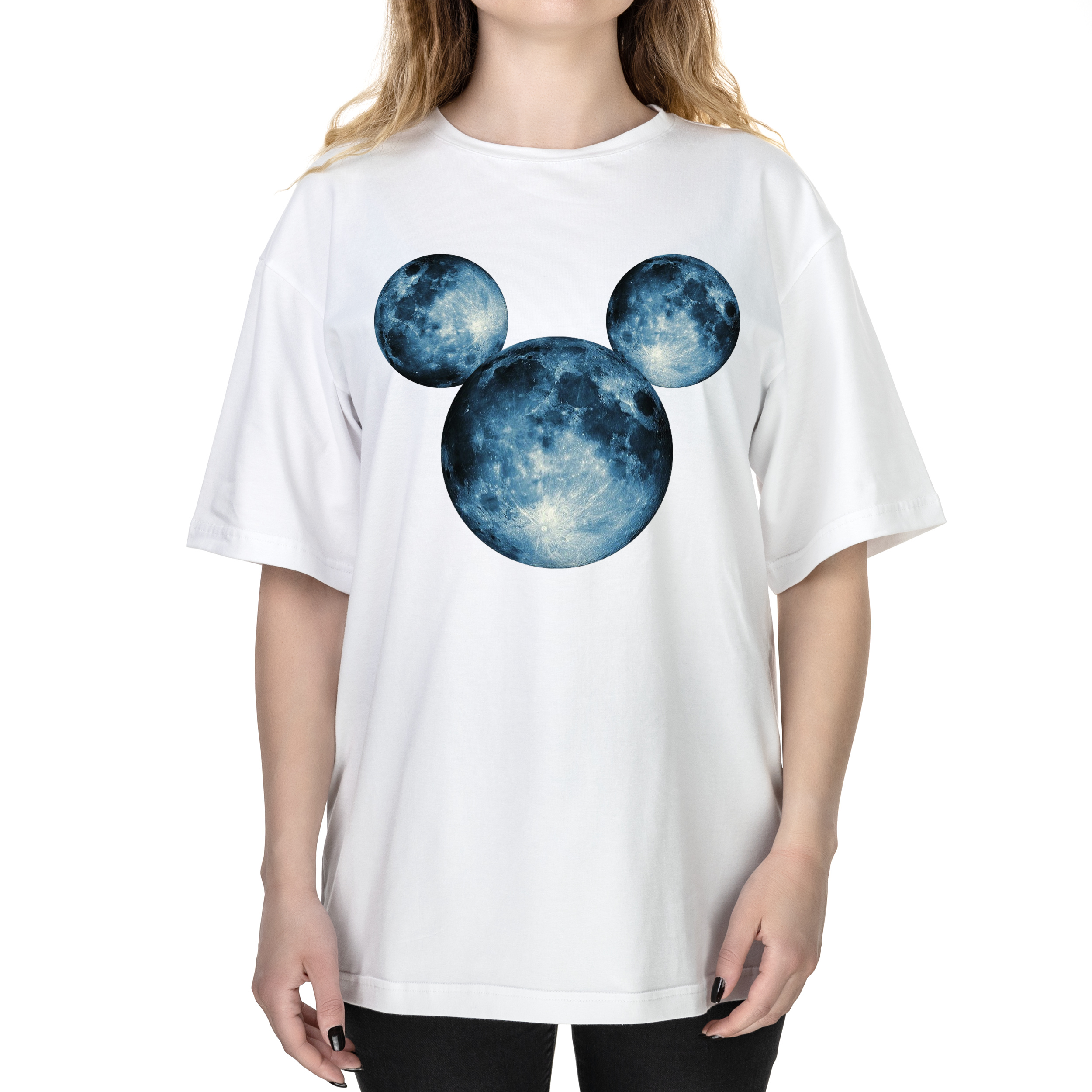 Футболка женская оверсайз белая хлопок/эластан А3 размера Planet Mickey L - фото 1 - Футболки