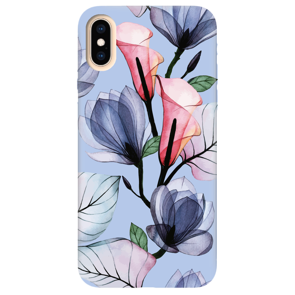 Чехол для Apple iPhone X нежно-голубой матовый soft touch Tropical flowers - фото 1 Чехол для Apple iPhone X нежно-голубой матовый soft touch Tropical flowers - фото 1 - Чехлы для телефонов