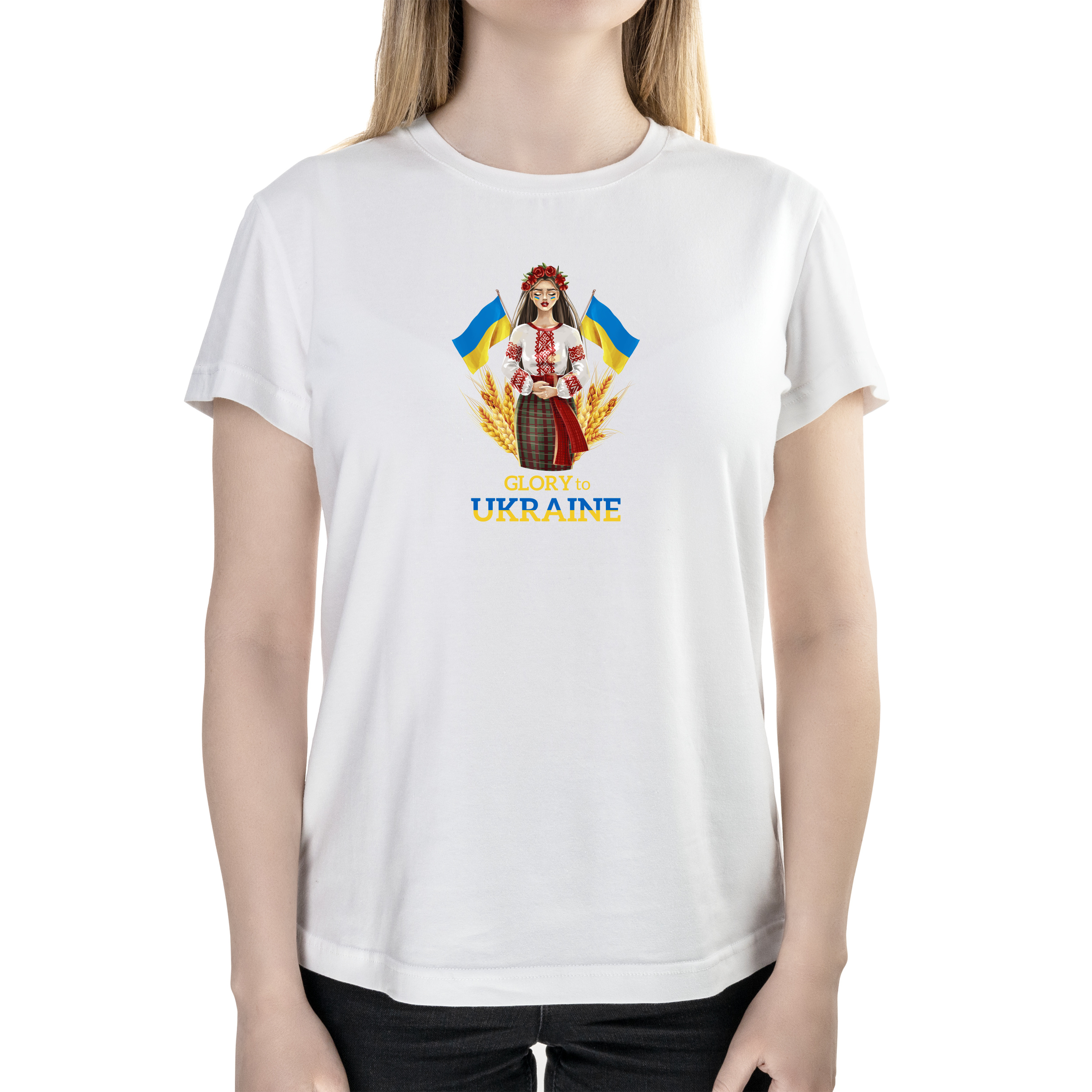 Футболка жіноча напівприталена біла бавовна/еластан А4 розміру Слава Україні! XS - фото 1 - Футболки
