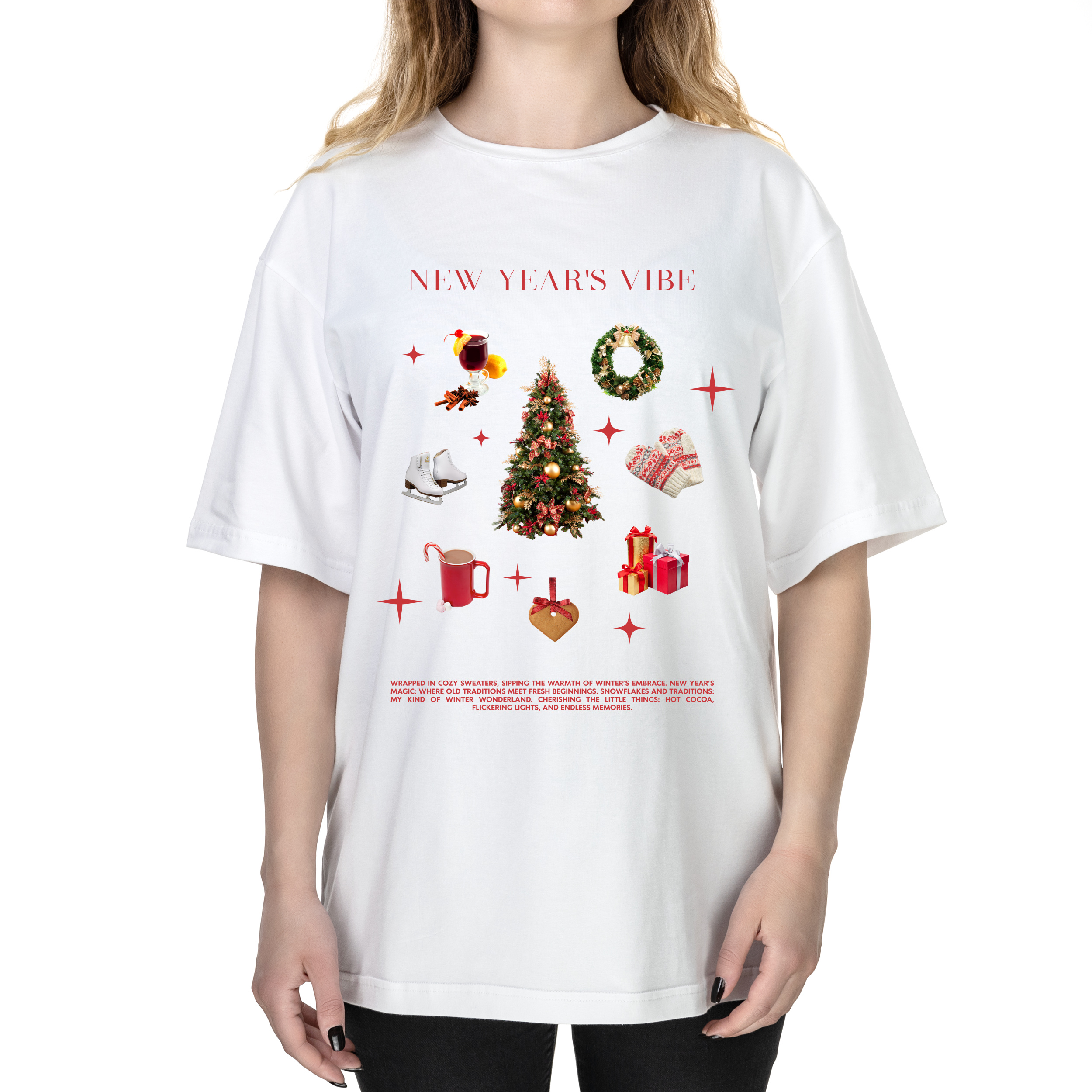 Футболка жіноча оверсайз біла бавовна/еластан А3 розміру Новорічний вайб M - фото 1 - Футболки