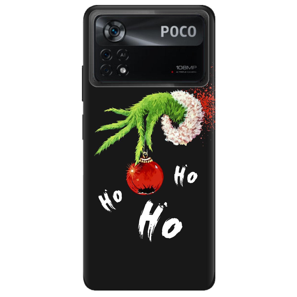 Чехол для Xiaomi Poco X4 Pro 5G черный матовый soft touch Grinch HO HO HO - фото 1 - Чехлы для телефонов