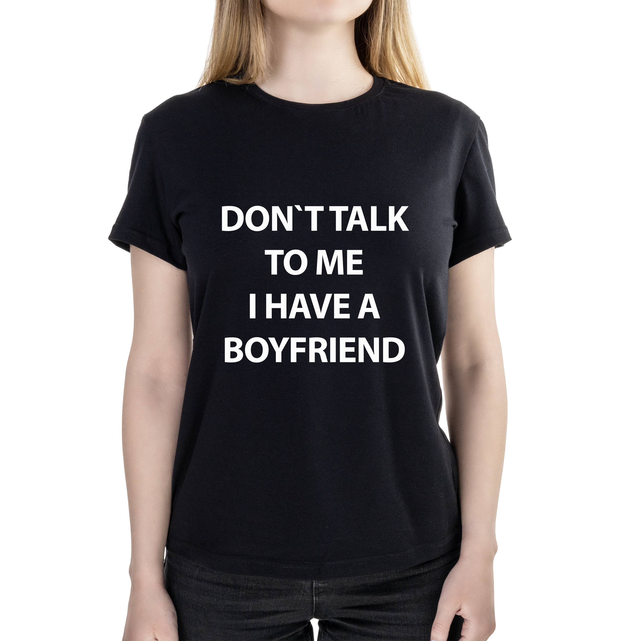 Футболка женская полуприталённая черная хлопок/эластан А3 размера I have a boyfriend XXXL - фото 1 - Футболки