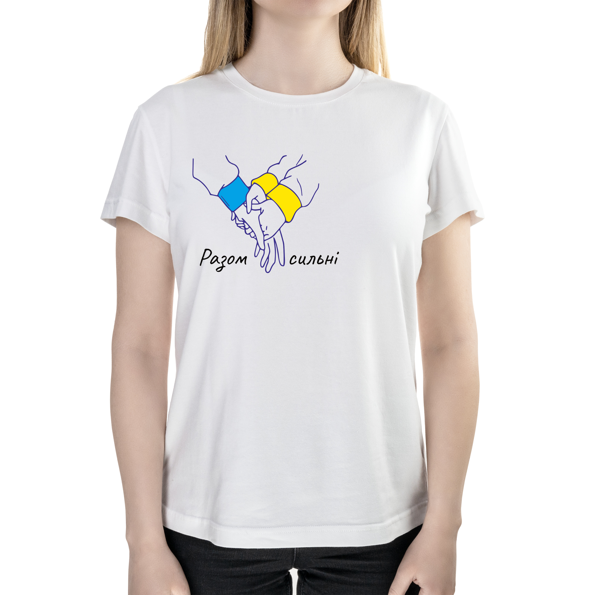 Футболка женская полуприталённая белая хлопок/эластан А4 размера Разом сильні XS - фото 1 - Футболки