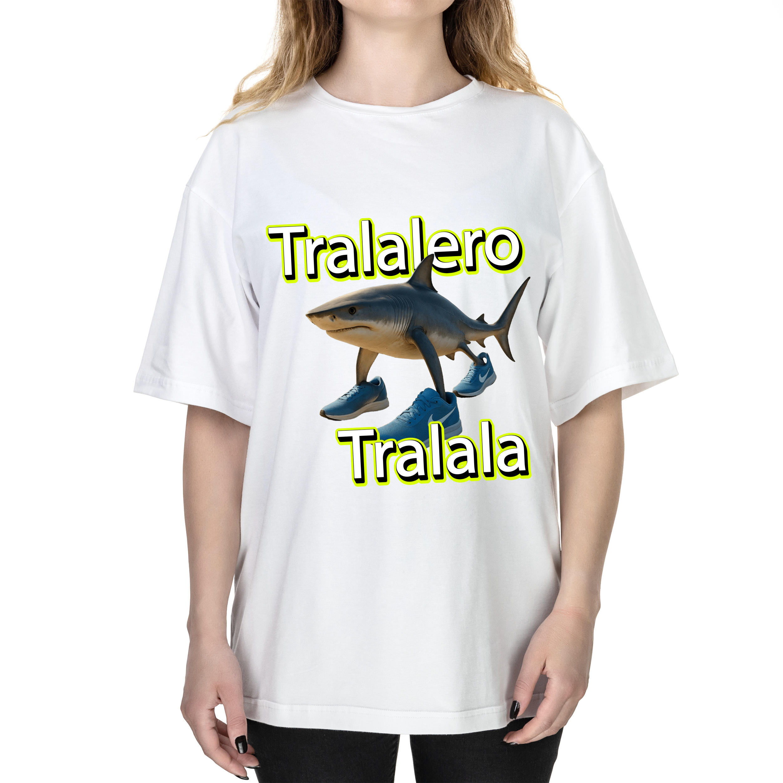 Футболка жіноча оверсайз біла бавовна/еластан А3 розміру Tralala Tralalero XS - фото 1 Футболка жіноча оверсайз біла бавовна/еластан А3 розміру Tralala Tralalero XS - фото 1 - Футболки