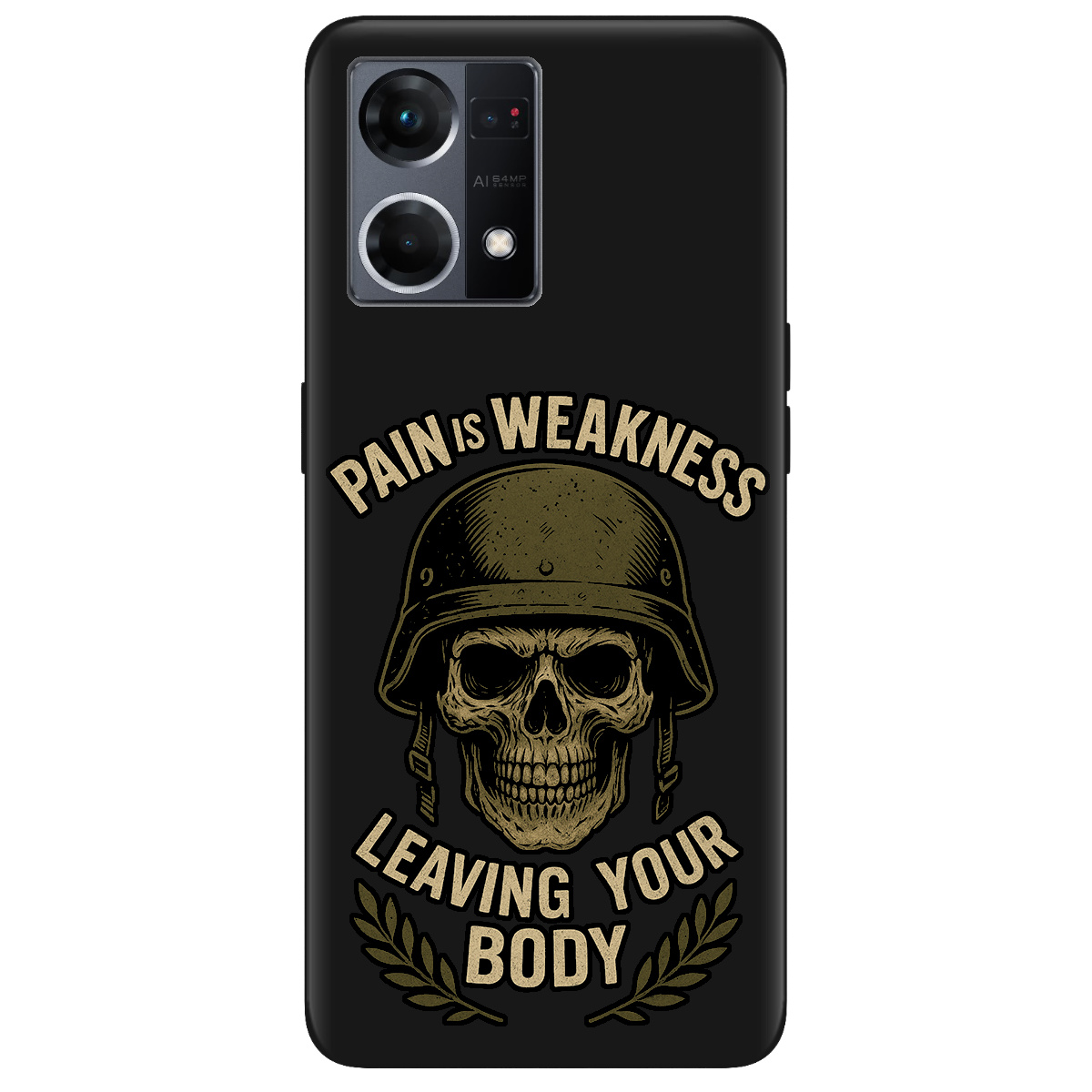 Чехол для Oppo Reno  7 4G черный матовый soft touch Біль - це слабкість - фото 1 - Чехлы для телефонов