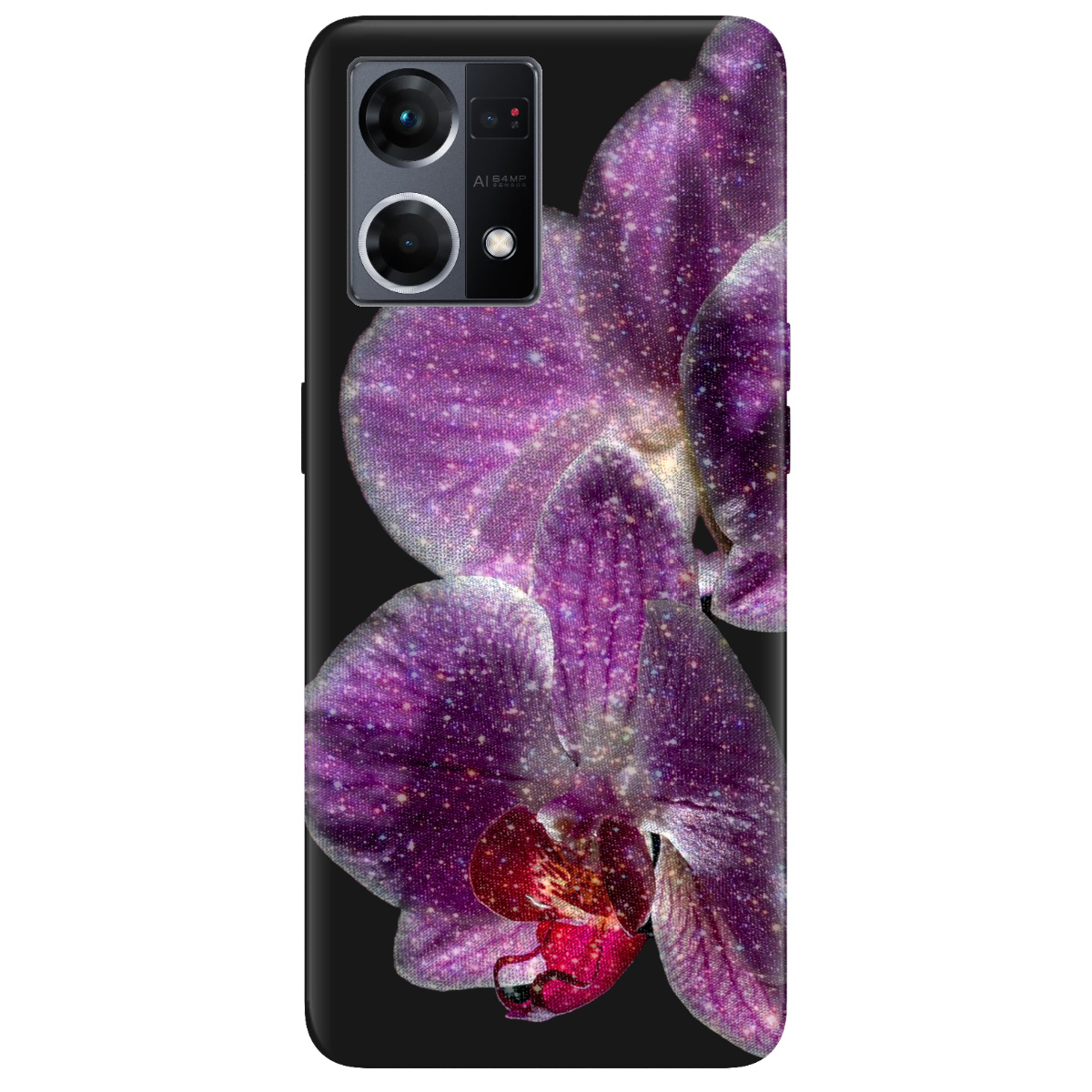 Чехол для Oppo Reno  7 4G черный матовый soft touch Волшебная орхидея - фото 1 - Чехлы для телефонов