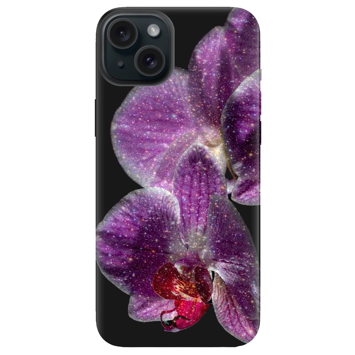 Чехол для Apple iPhone 15 черный матовый soft touch Волшебная орхидея - фото 1 - Чехлы для телефонов