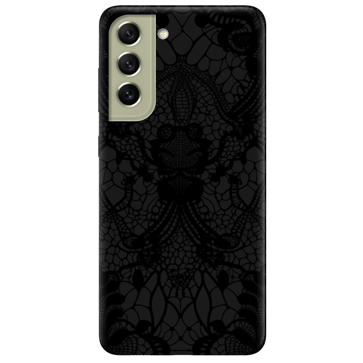 Чехол для Samsung Galaxy S21 FE черный матовый soft touch Черное кружево - фото 1 - Чехлы для телефонов