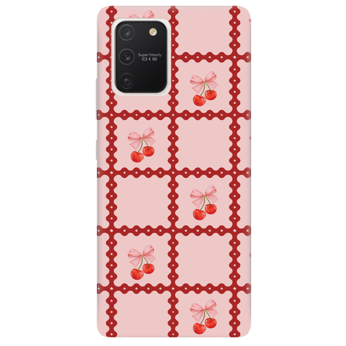 Чехол для Samsung Galaxy S10 Lite Вишни в сетке - фото 1 Чехол для Samsung Galaxy S10 Lite Вишни в сетке - фото 1 - Чехлы для телефонов
