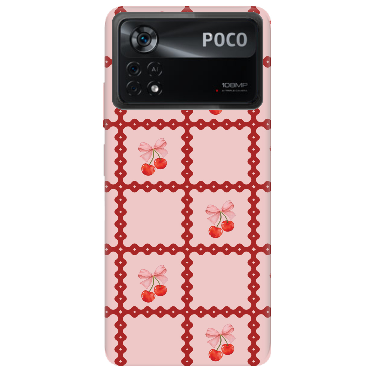 Чехол для Xiaomi Poco X4 Pro 5G Вишни в сетке - фото 1 Чехол для Xiaomi Poco X4 Pro 5G Вишни в сетке - фото 1 - Чехлы для телефонов