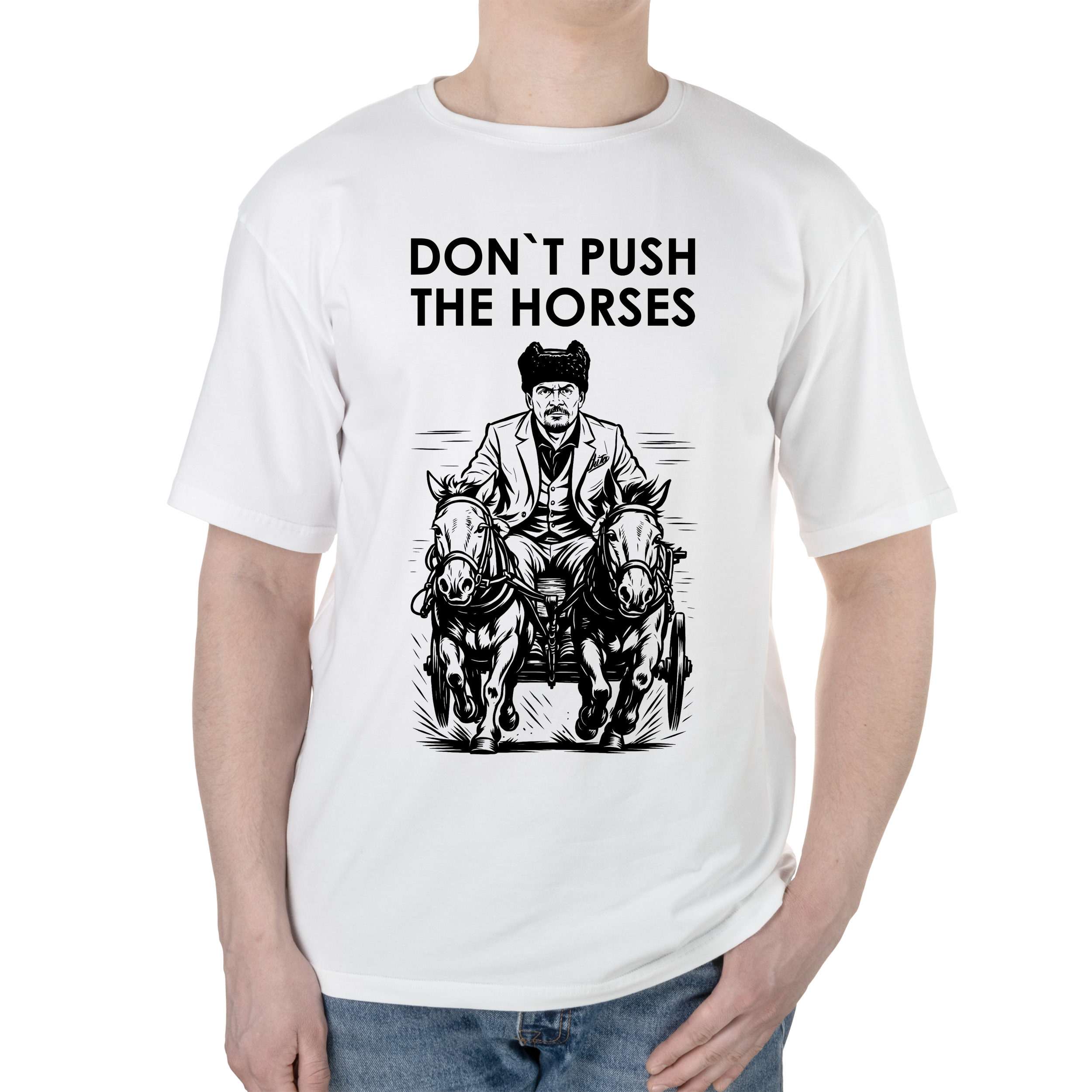 Футболка чоловіча оверсайз біла бавовна/еластан А3 розміру Don't push the horses XL - фото 1 - Футболки