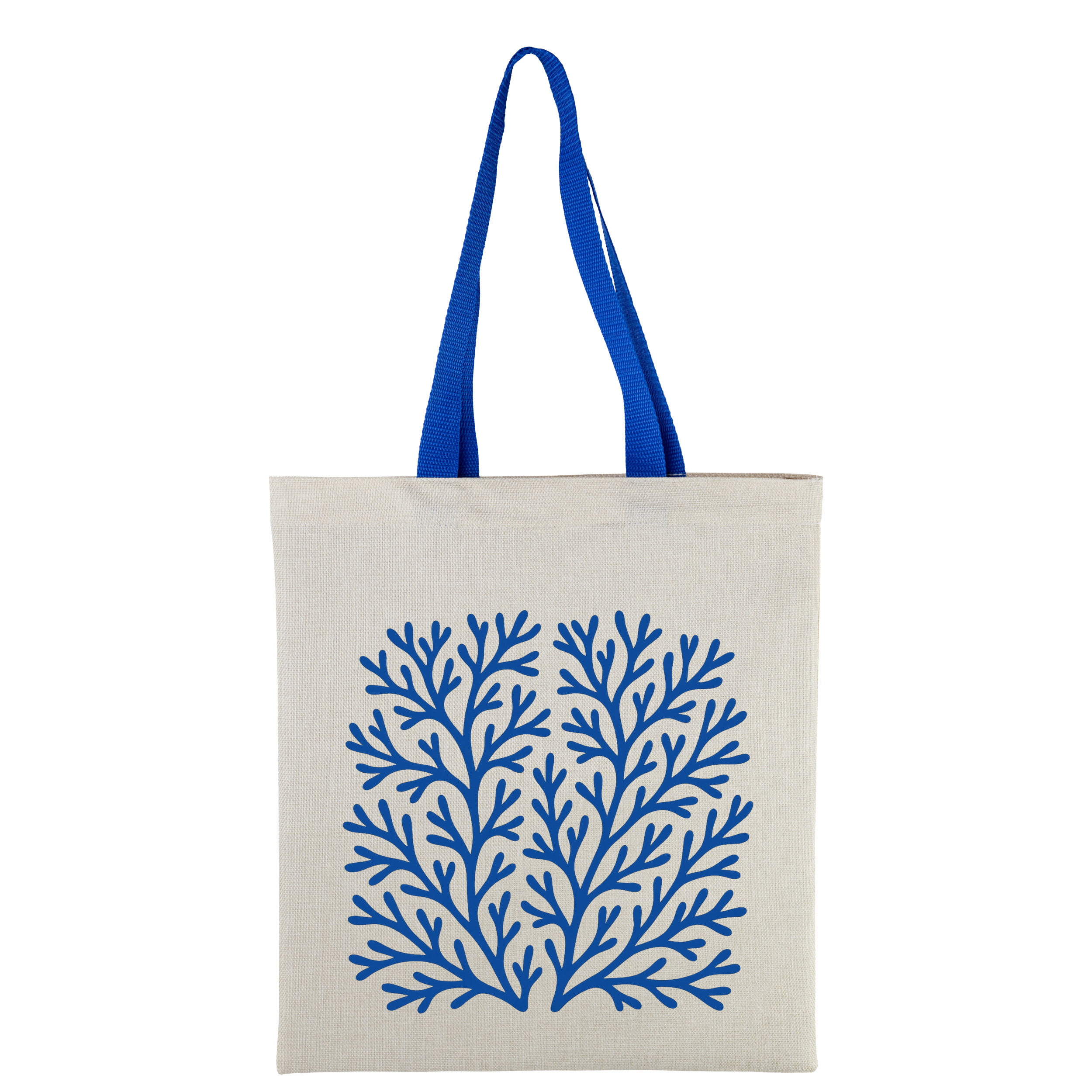 Эко сумка льняная вертикальная с синими ручками 35*38,5 см Синие кораллы - фото 1 - Сумки, рюкзаки
