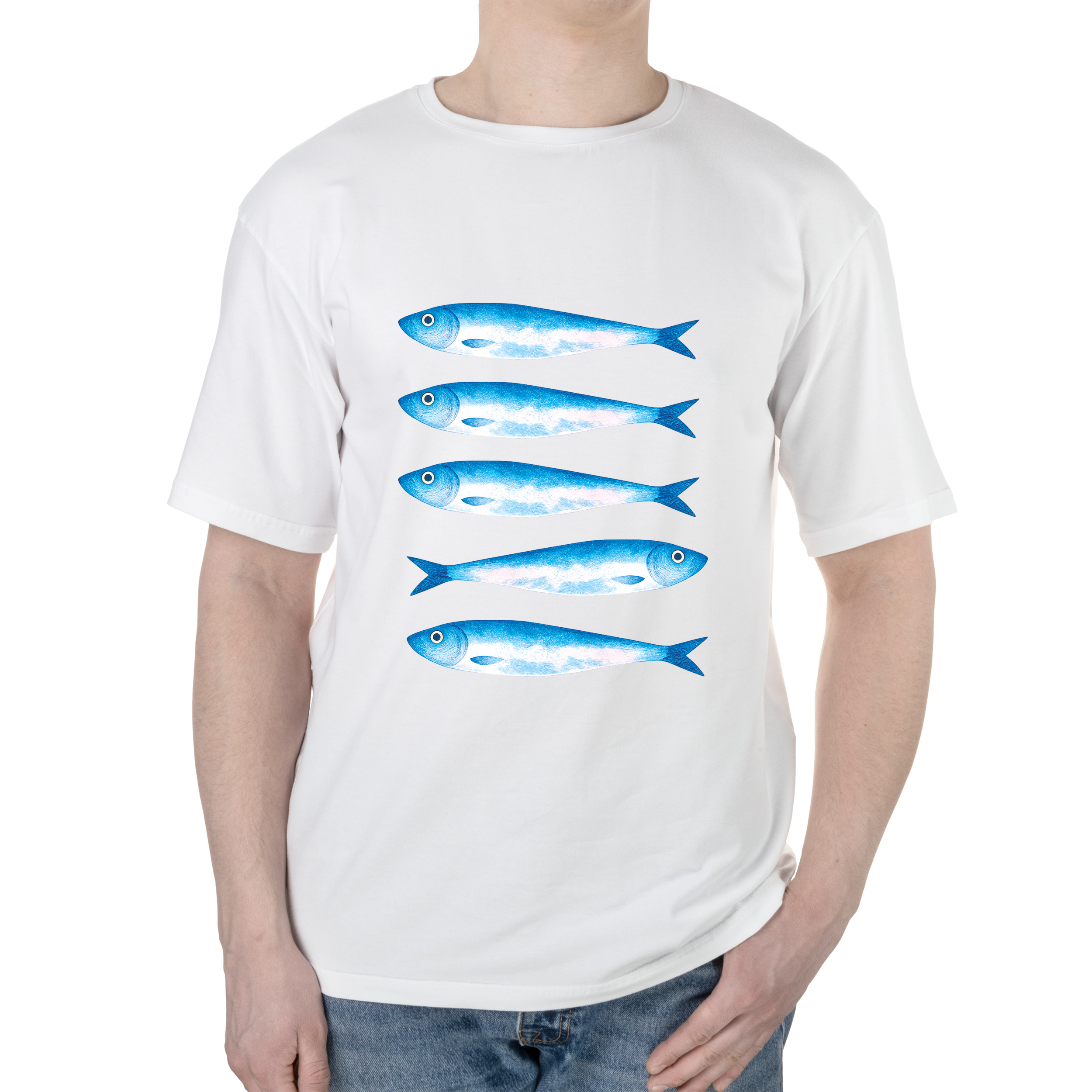 Футболка чоловіча оверсайз біла бавовна/еластан А3 розміру Блакитні сардини XS - фото 1 - Футболки