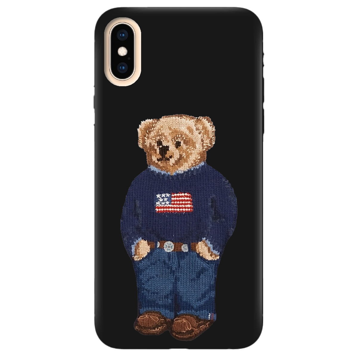 Чехол для Apple iPhone X черный матовый soft touch Американский мишка - фото 1 Чехол для Apple iPhone X черный матовый soft touch Американский мишка - фото 1 - Чехлы для телефонов