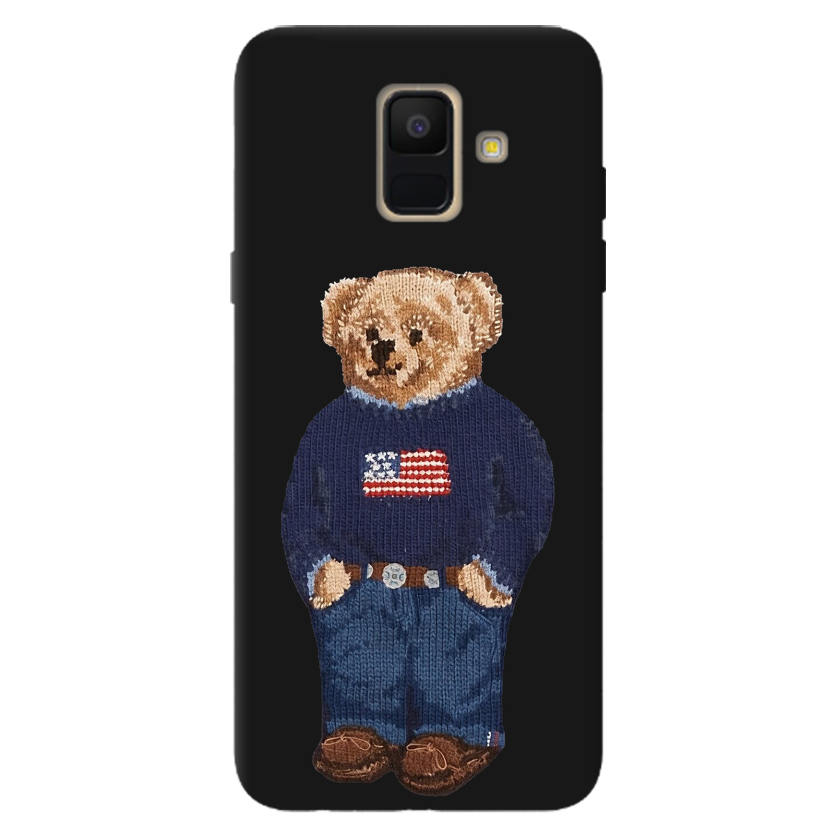 Чехол для Samsung Galaxy A6 2018 черный матовый soft touch Американский мишка - фото 1 Чехол для Samsung Galaxy A6 2018 черный матовый soft touch Американский мишка - фото 1 - Чехлы для телефонов