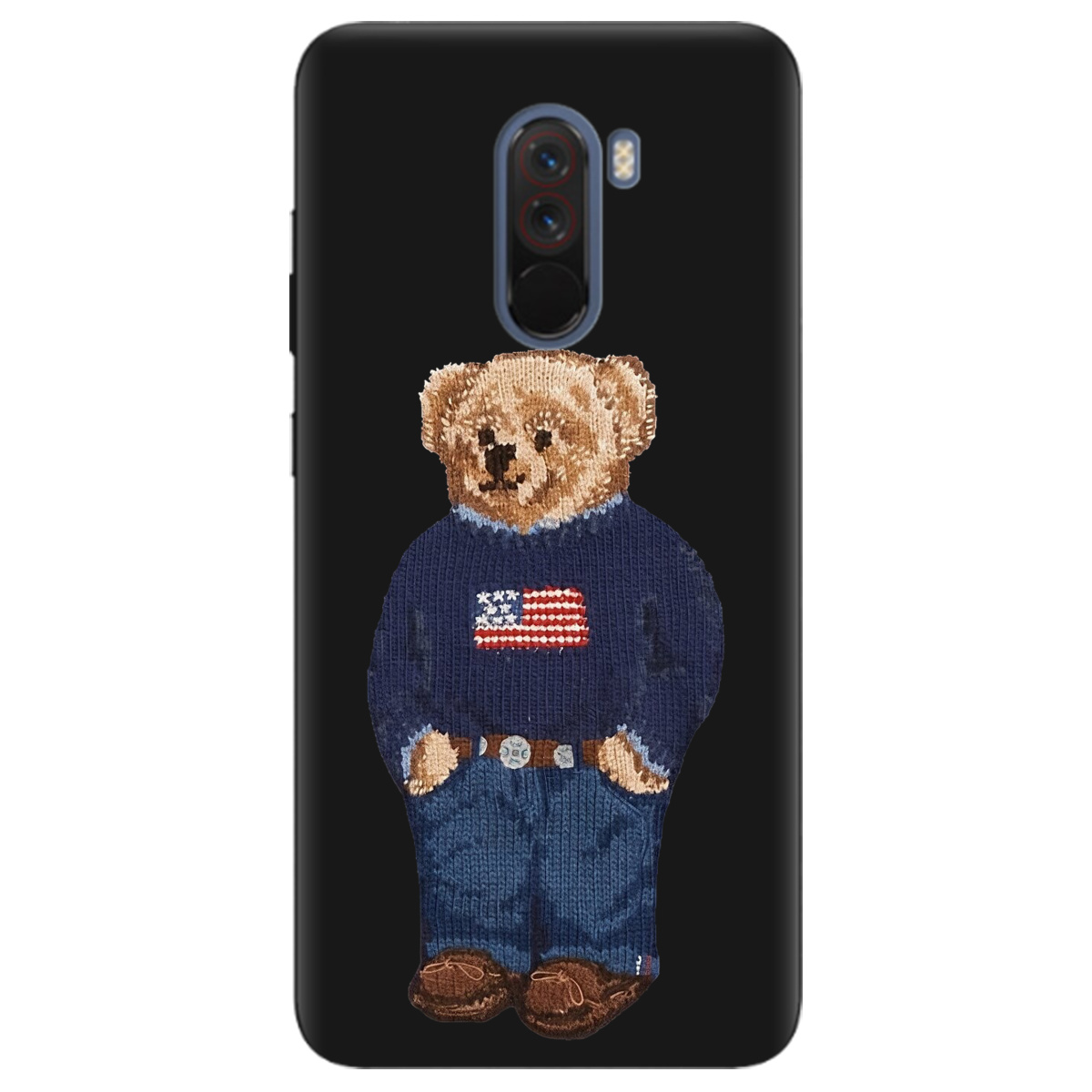 Чехол для Xiaomi Pocophone F1 черный матовый soft touch Американский мишка - фото 1 - Чехлы для телефонов