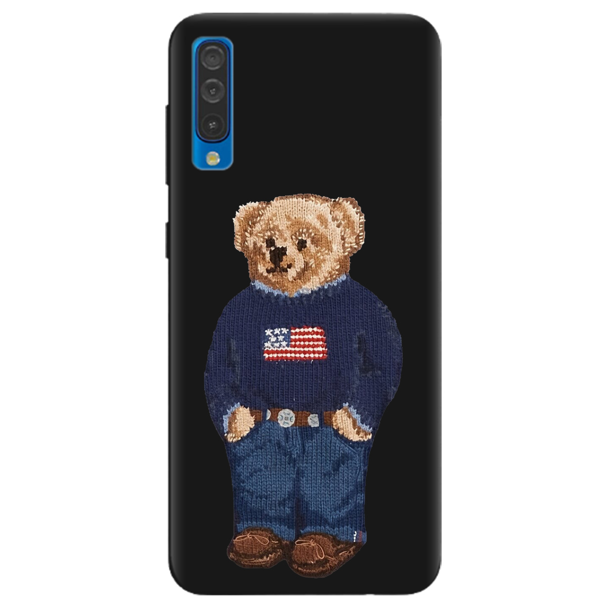 Чехол для Samsung Galaxy A30s черный матовый soft touch Американский мишка - фото 1 Чехол для Samsung Galaxy A30s черный матовый soft touch Американский мишка - фото 1 - Чехлы для телефонов