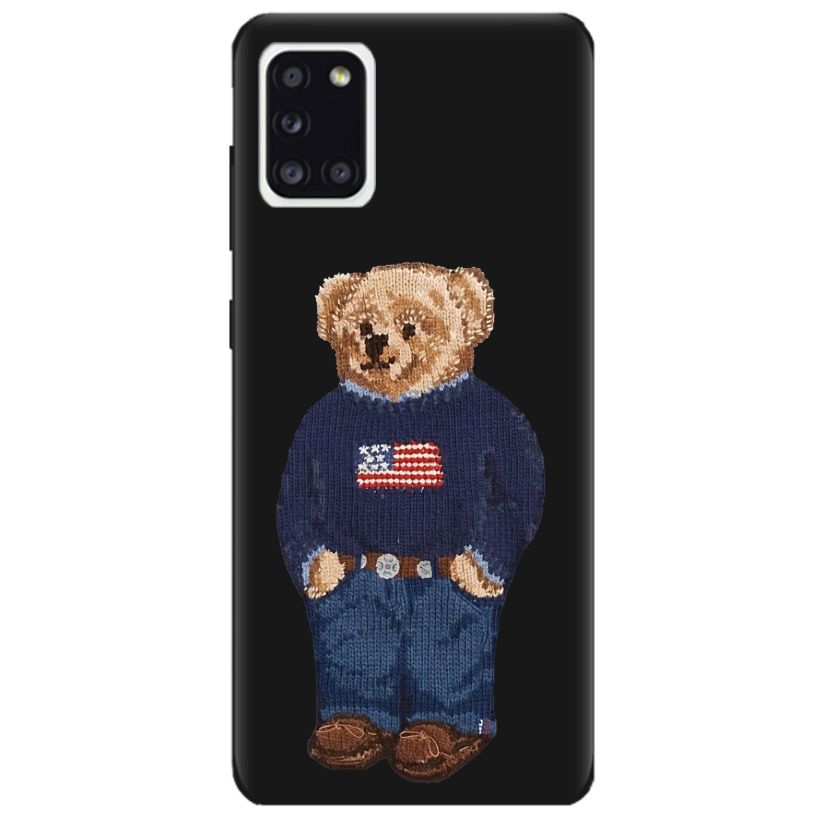 Чехол для Samsung Galaxy A31 черный матовый soft touch Американский мишка - фото 1 Чехол для Samsung Galaxy A31 черный матовый soft touch Американский мишка - фото 1 - Чехлы для телефонов