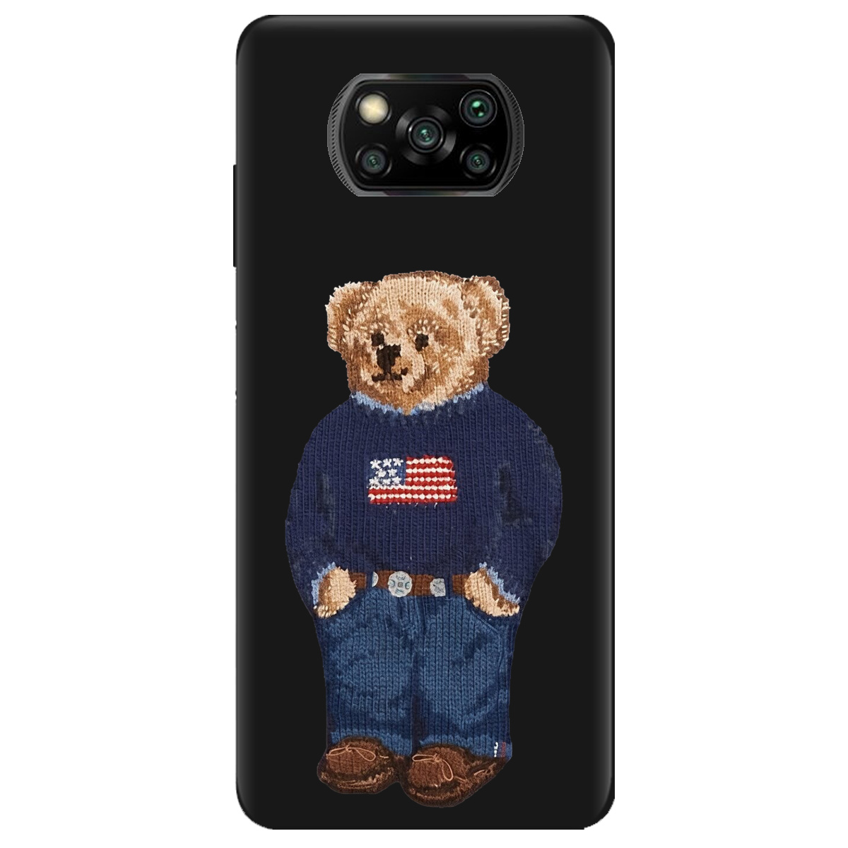Чехол для Xiaomi Poco X3 черный матовый soft touch Американский мишка - фото 1 Чехол для Xiaomi Poco X3 черный матовый soft touch Американский мишка - фото 1 - Чехлы для телефонов