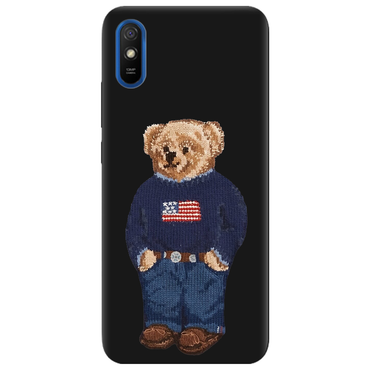Чехол для Xiaomi Redmi 9A черный матовый soft touch Американский мишка - фото 1 Чехол для Xiaomi Redmi 9A черный матовый soft touch Американский мишка - фото 1 - Чехлы для телефонов