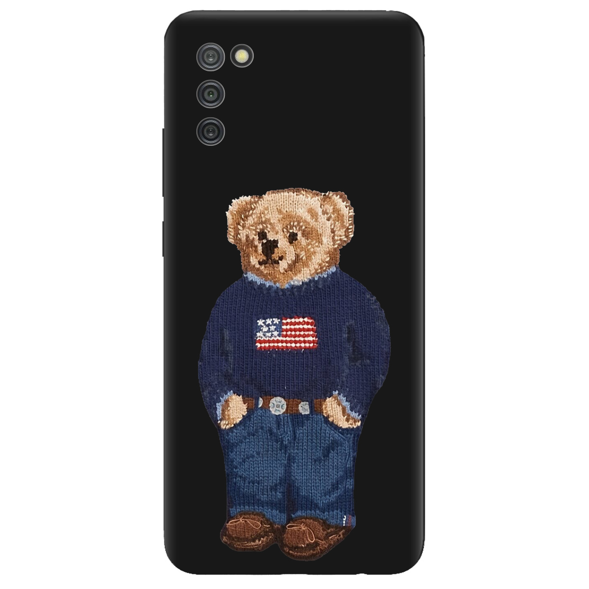 Чехол для Samsung Galaxy A02s черный матовый soft touch Американский мишка - фото 1 Чехол для Samsung Galaxy A02s черный матовый soft touch Американский мишка - фото 1 - Чехлы для телефонов
