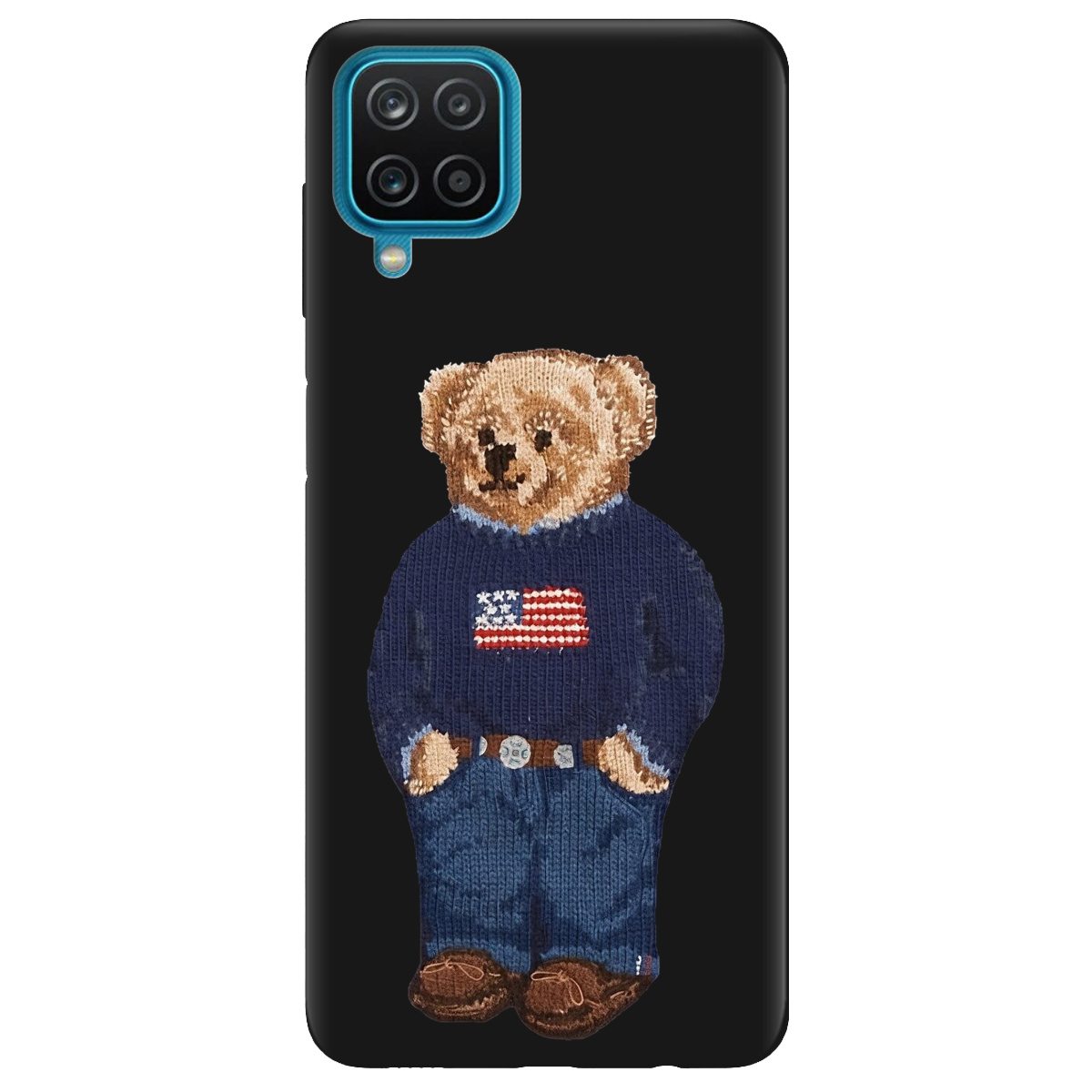 Чехол для Samsung Galaxy M12 черный матовый soft touch Американский мишка - фото 1 Чехол для Samsung Galaxy M12 черный матовый soft touch Американский мишка - фото 1 - Чехлы для телефонов