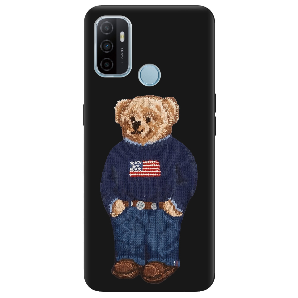 Чехол для Oppo A53/ A32/ A33 черный матовый soft touch Американский мишка - фото 1 Чехол для Oppo A53/ A32/ A33 черный матовый soft touch Американский мишка - фото 1 - Чехлы для телефонов