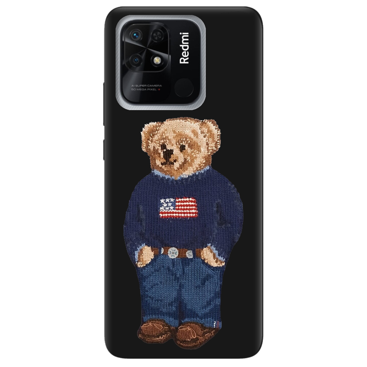 Чехол для Xiaomi Redmi 10C черный матовый soft touch Американский мишка - фото 1 - Чехлы для телефонов