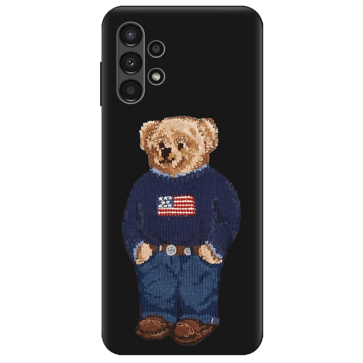 Чехол для Samsung Galaxy A13 4G черный матовый soft touch Американский мишка - фото 1 Чехол для Samsung Galaxy A13 4G черный матовый soft touch Американский мишка - фото 1 - Чехлы для телефонов