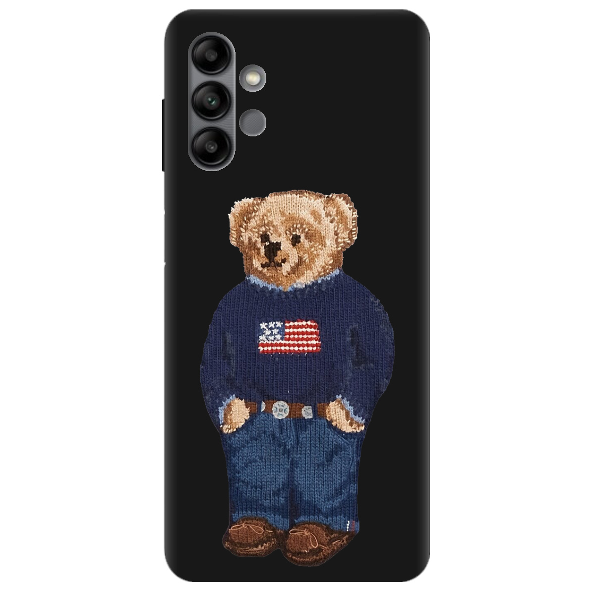 Чехол для Samsung Galaxy A04s черный матовый soft touch Американский мишка - фото 1 Чехол для Samsung Galaxy A04s черный матовый soft touch Американский мишка - фото 1 - Чехлы для телефонов