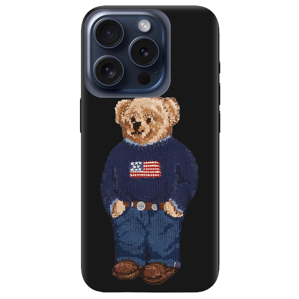 Чехол для Apple iPhone 15 Pro черный матовый soft touch Американский мишка - фото 1 - Чехлы для телефонов